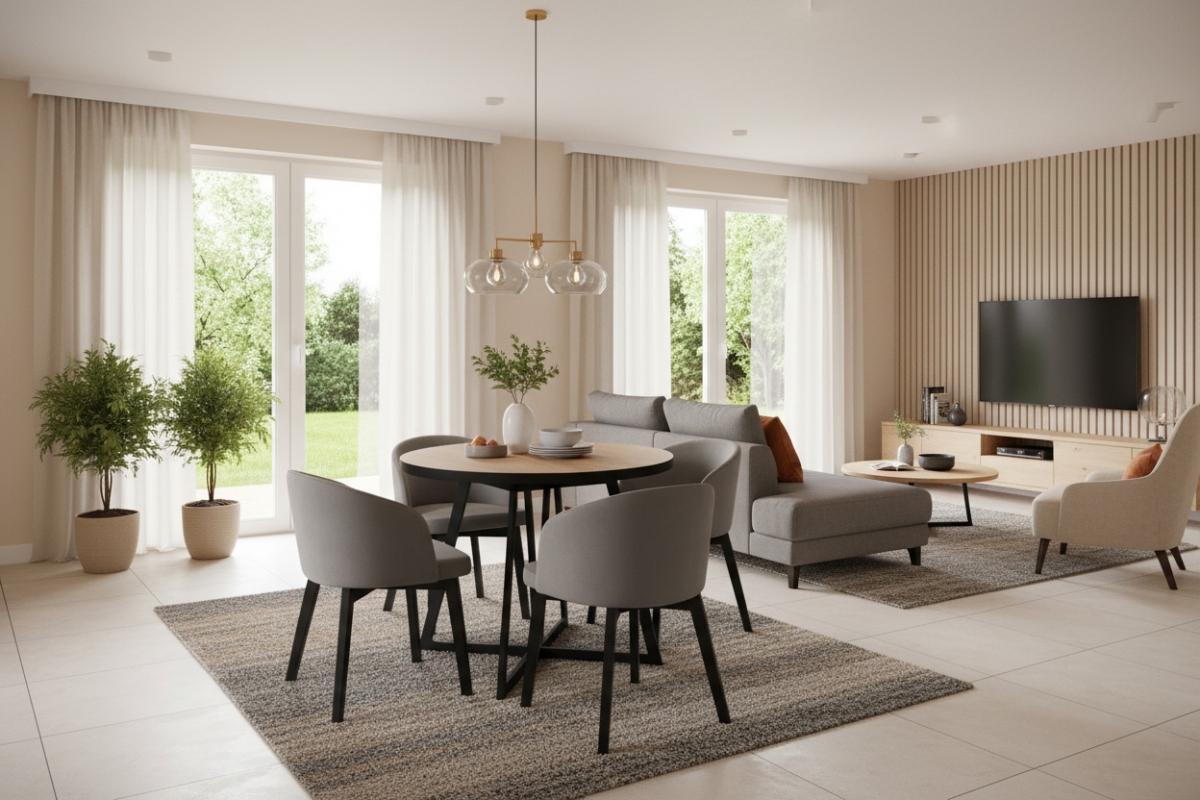 Jídelní set Cedrus Linear 95/150 cm + 4 židle Nerevio - dub hikora / šedá Komplet Stůl rozkladany Cedrus Linear 95/150 cm + 4 Židle Nerevio - dub hikora / šedá