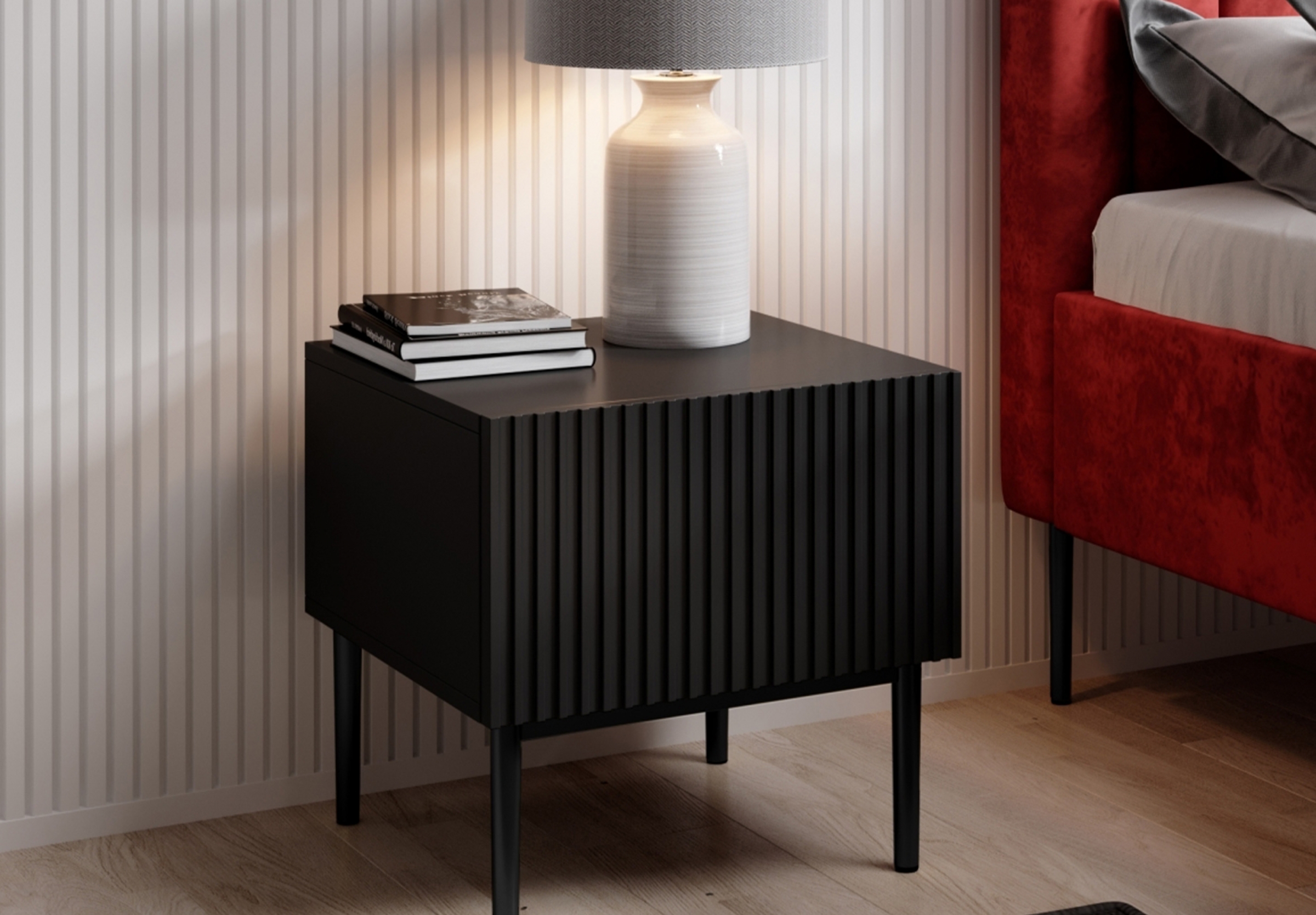 Noční stolek Nicole 46 cm - černý mat / černé nožky (sada) Komplet szafek nocnych Nicole 46 cm - černá / černá nozki