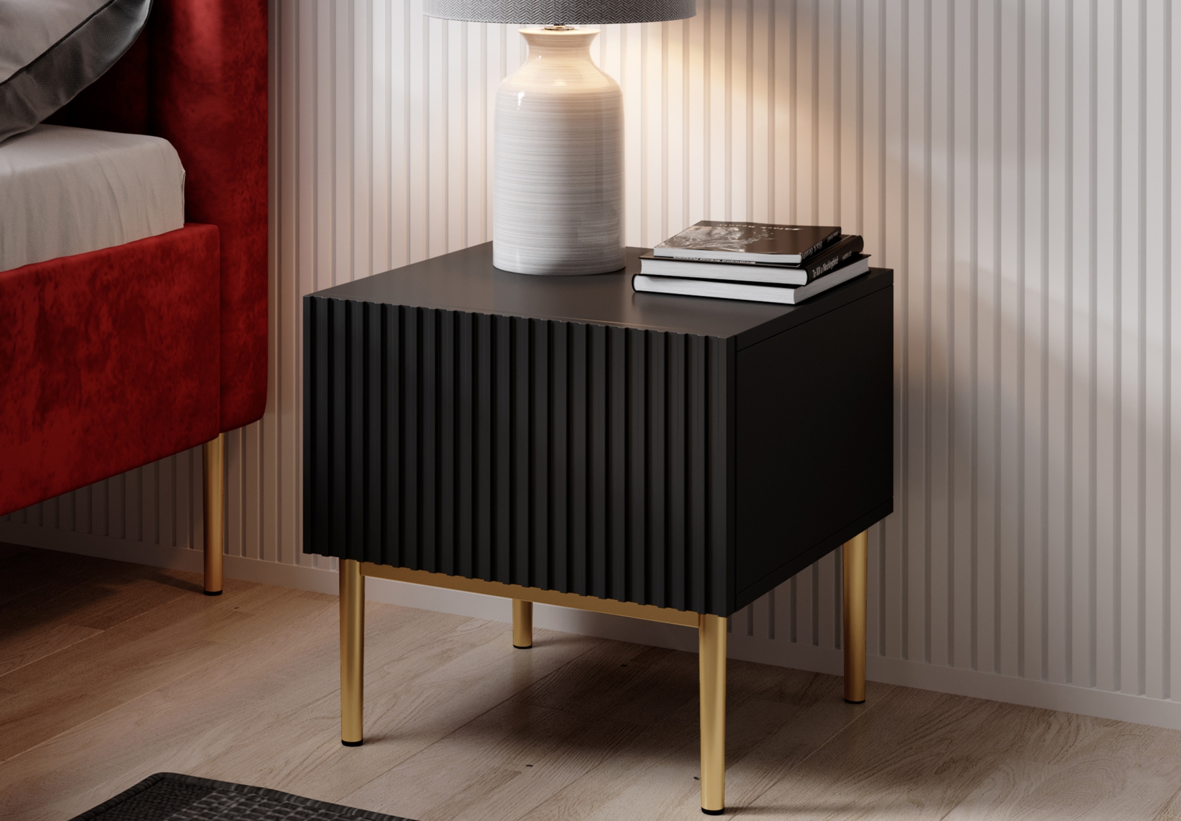 Sada nočných stolíkov Nicole 2 ks - čierna / zlatá Komplet szafek nocnych Nicole 46 cm - Čierny / zlote nozki