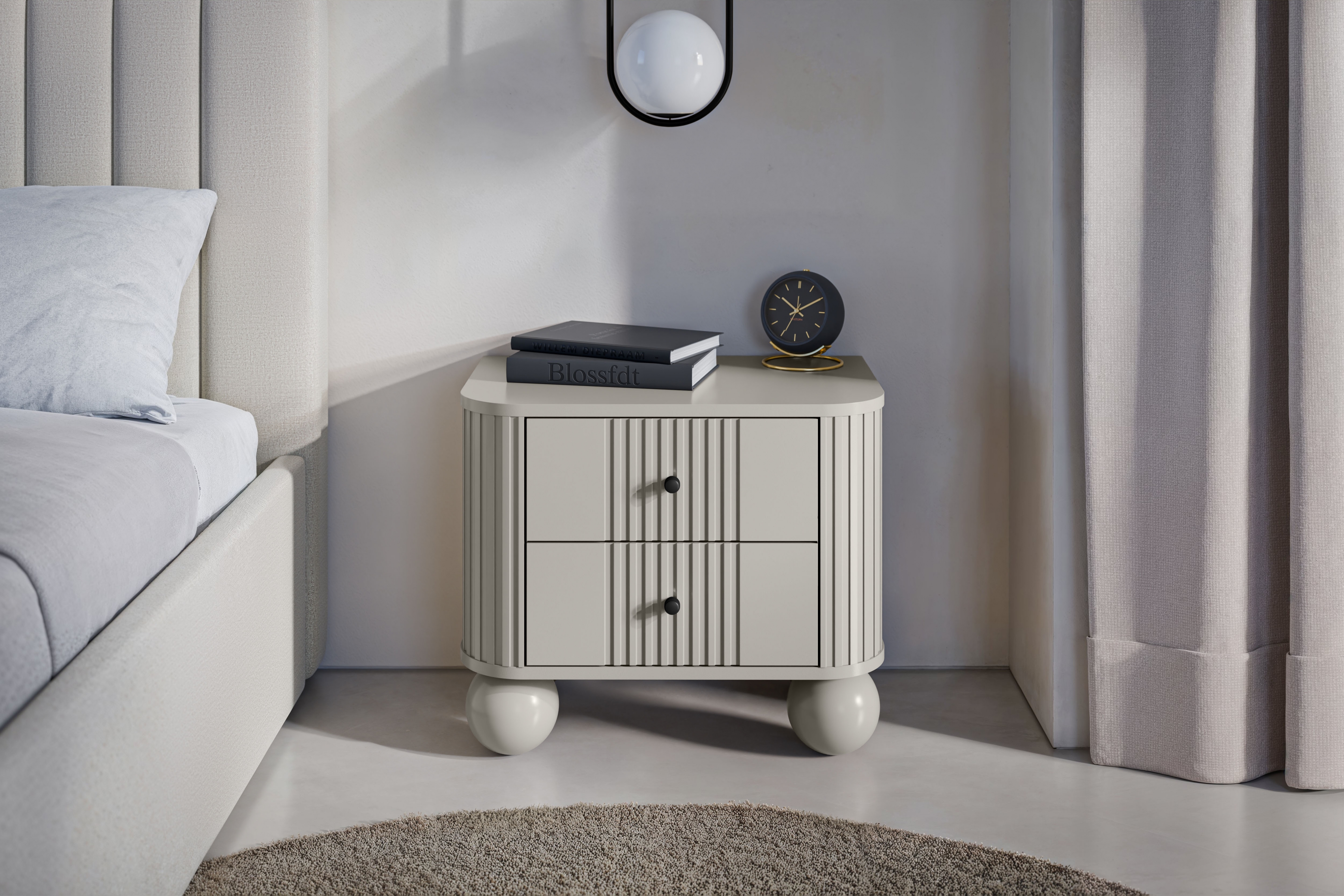 Set nočních stolků Vesper 56 cm - kašmírová / černé úchytky / kulaté kašmírové nohy Komplet szafek nocnych Vesper 56 cm - kašmír / černá Úchytky / Nohy kule