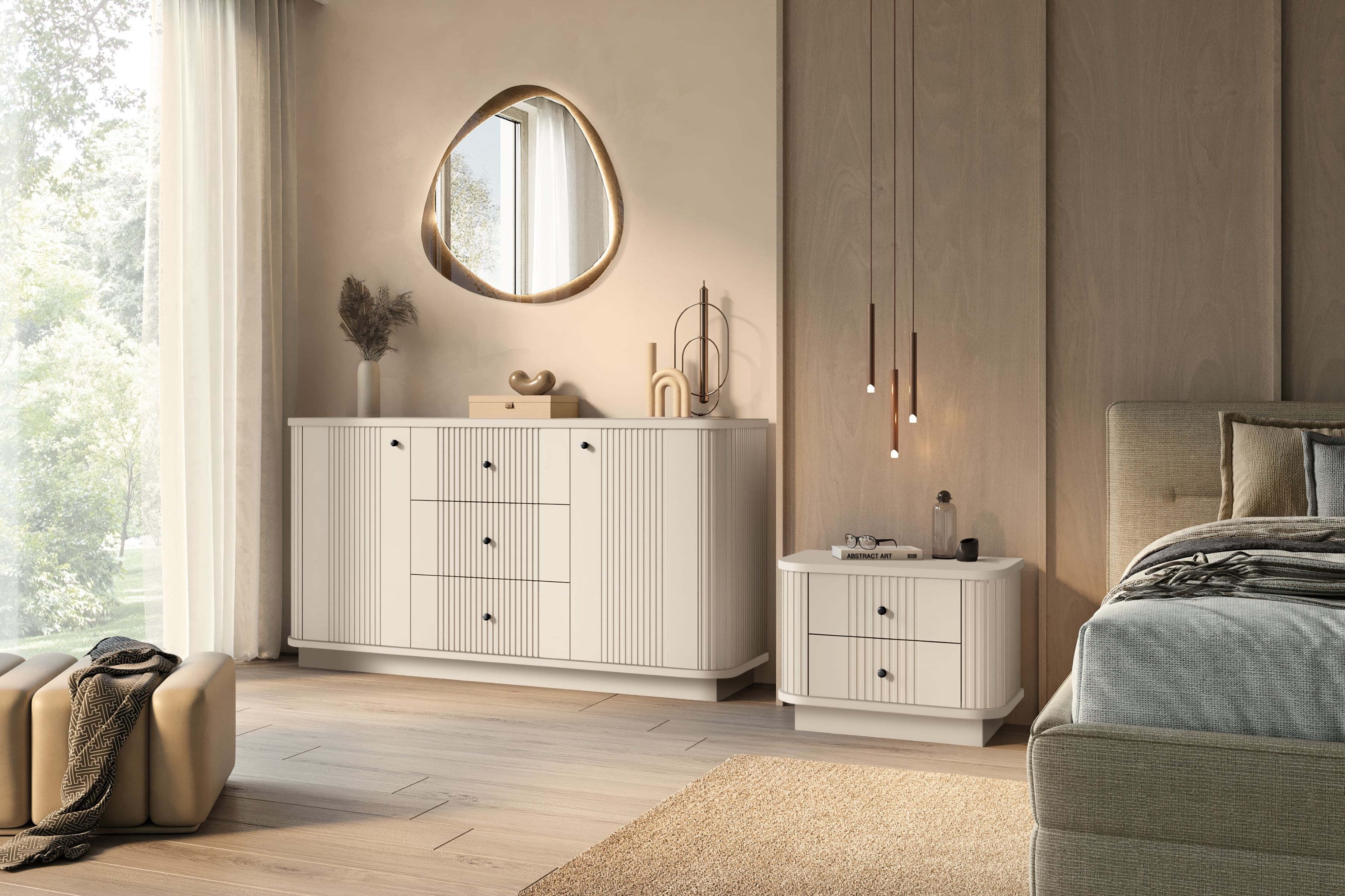 Sada nočních stolků Vesper 56 cm - kašmírová / černé úchytky Komplet szafek nocnych Vesper 56 cm - kašmír / černá Úchytky