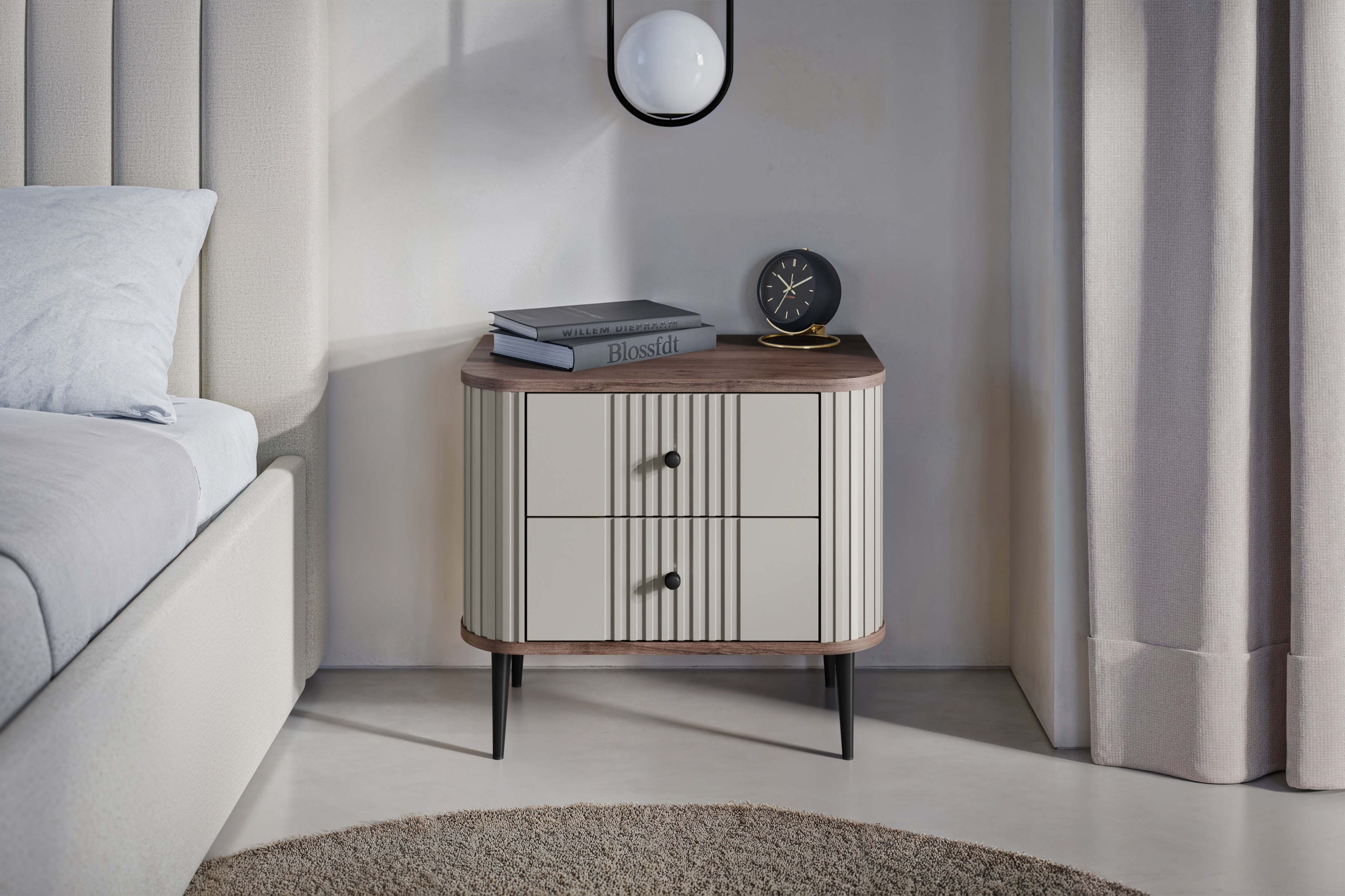 Set nočních stolků Vesper 56 cm - kašmírová / ořech / černé nohy Komplet szafek nocnych Vesper 56 cm - kašmír / ořech / černá Nohy
