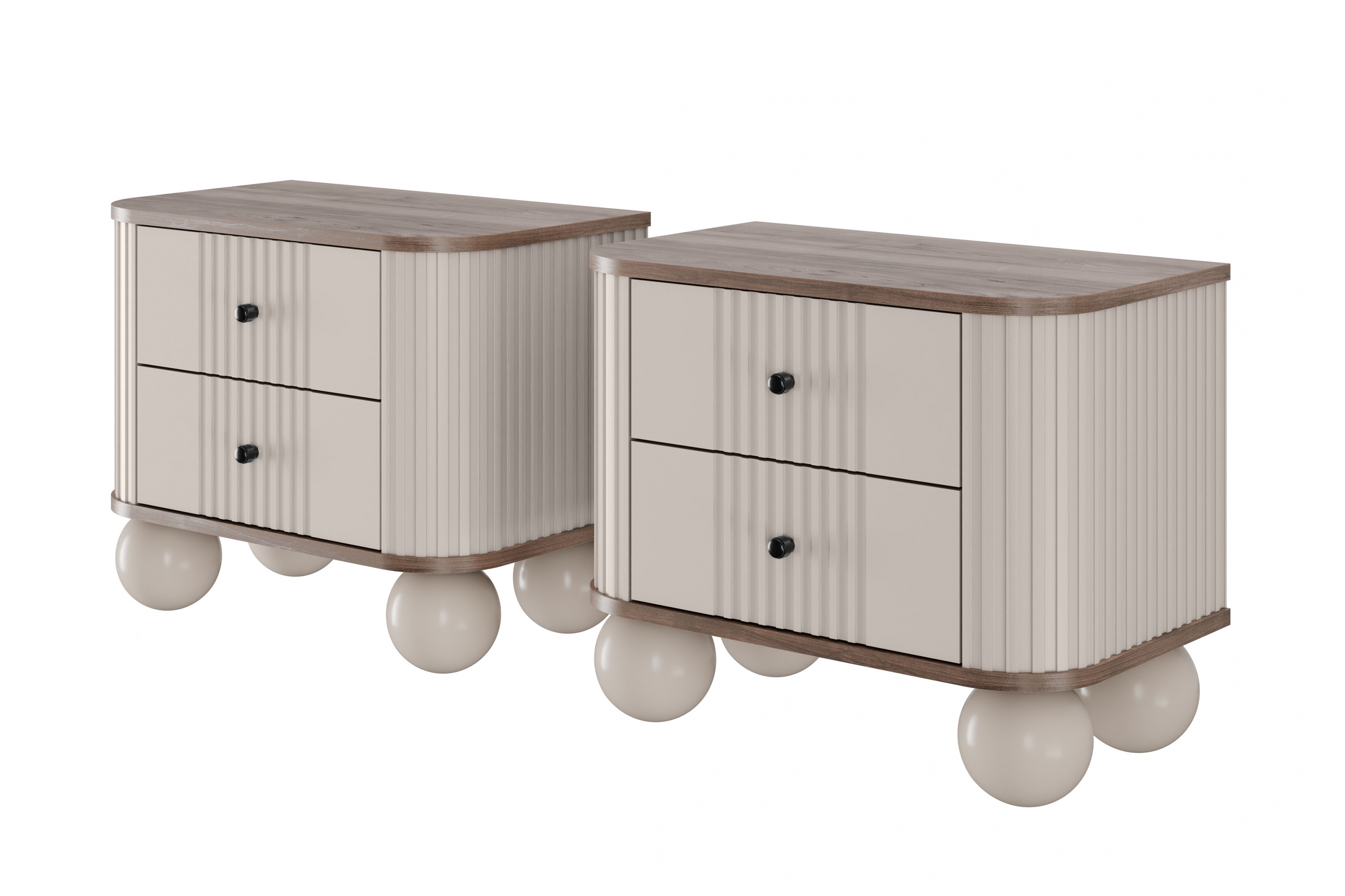 Set nočních stolků Vesper 56 cm - kašmírová / ořech / černé úchytky / kulaté kašmírové nohy Komplet szafek nocnych Vesper 56 cm - kašmír / ořech / černá Úchytky / Nohy kule