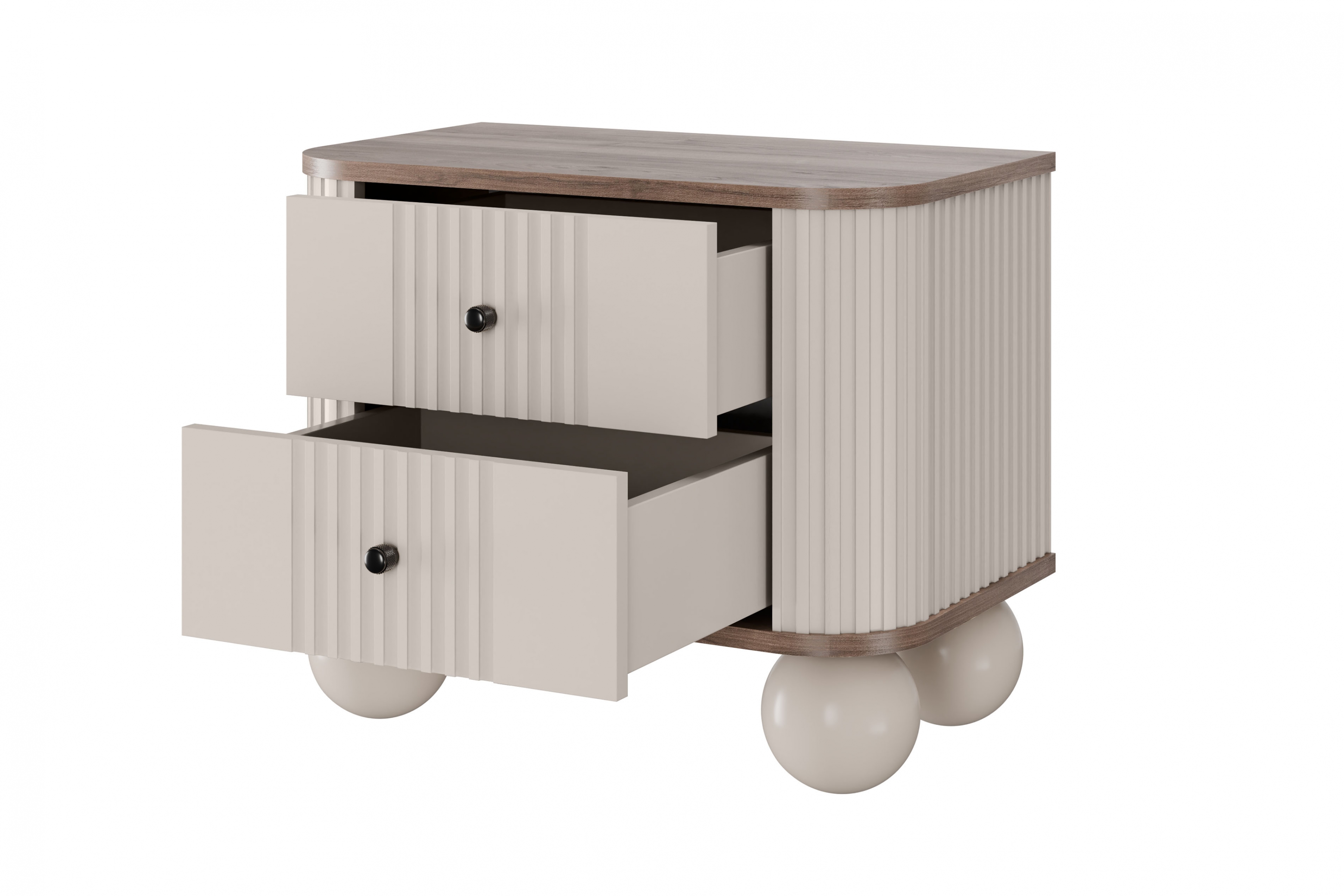 Set nočních stolků Vesper 56 cm - kašmírová / ořech / černé úchytky / kulaté kašmírové nohy Komplet szafek nocnych Vesper 56 cm - kašmír / ořech / černá Úchytky / Nohy kule