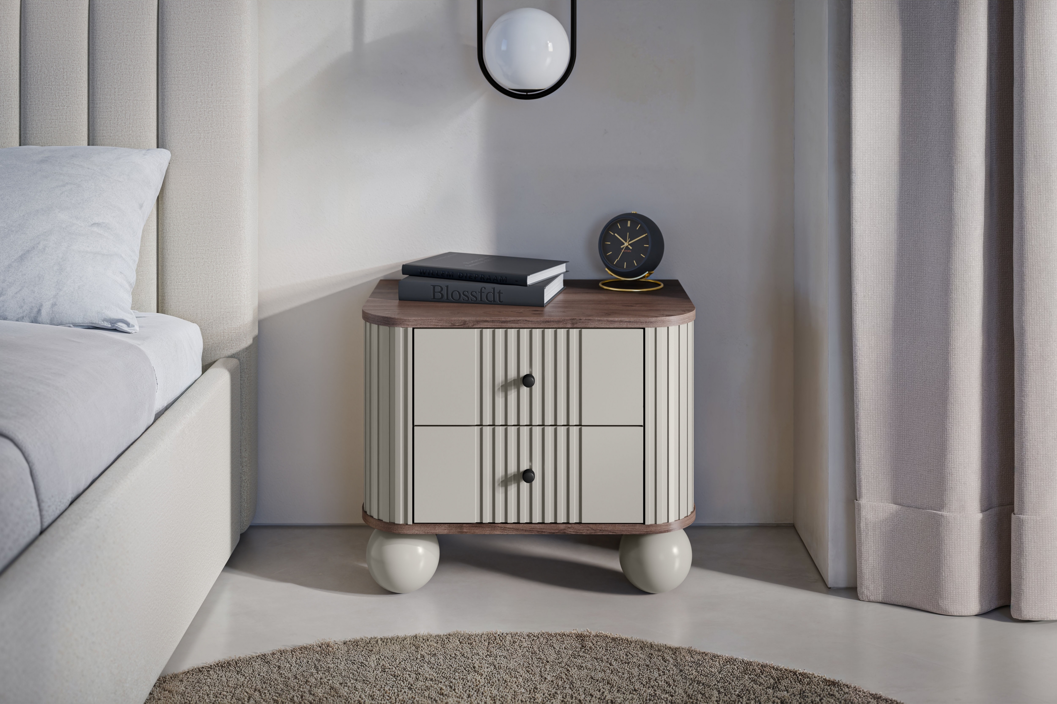 Set nočních stolků Vesper 56 cm - kašmírová / ořech / černé úchytky / kulaté kašmírové nohy Komplet szafek nocnych Vesper 56 cm - kašmír / ořech / černá Úchytky / Nohy kule