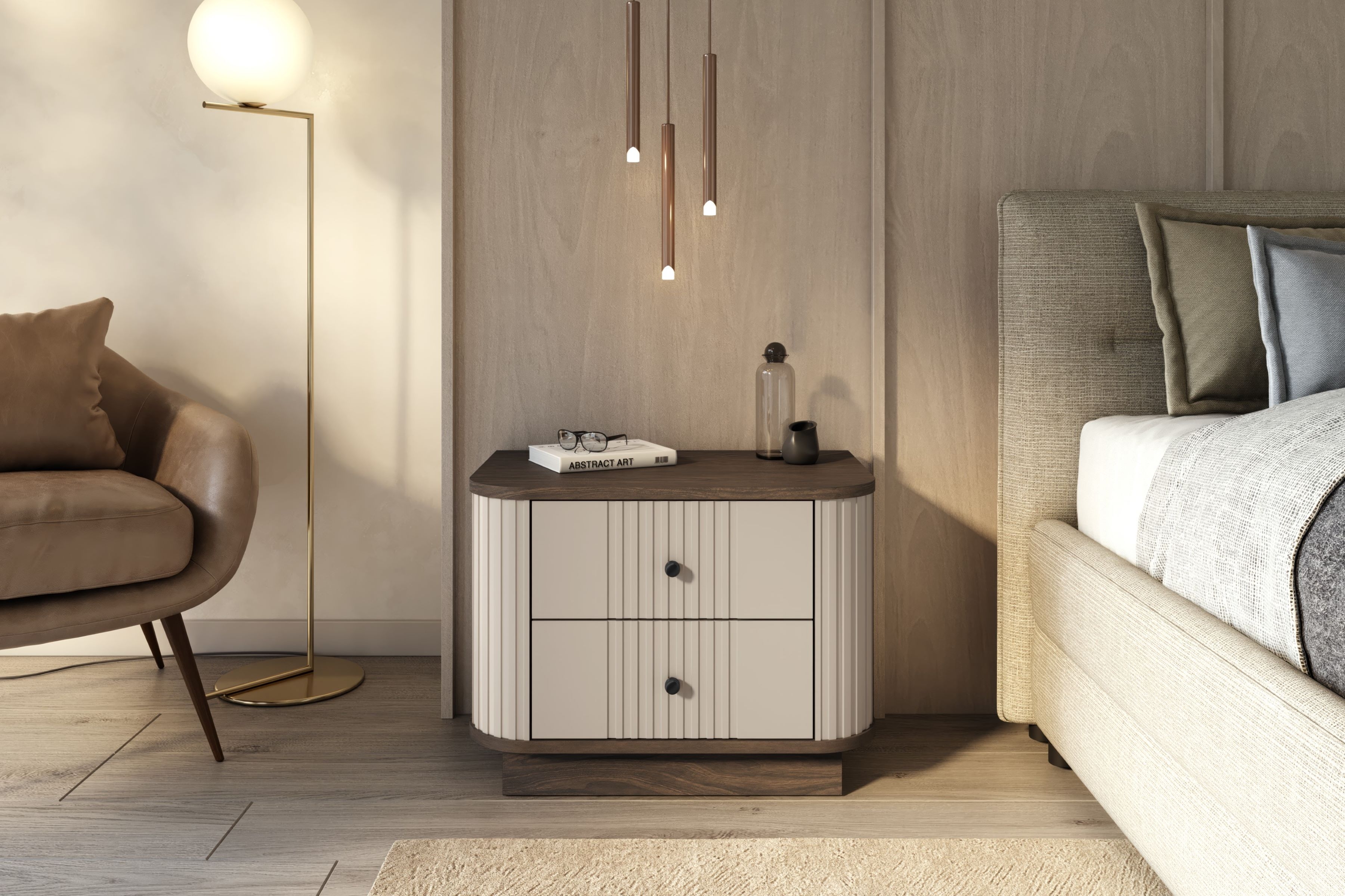 Sada nočních stolků Vesper 56 cm - kašmírová / ořech / černé úchytky Komplet szafek nocnych Vesper 56 cm - kašmír / ořech / černá Úchytky