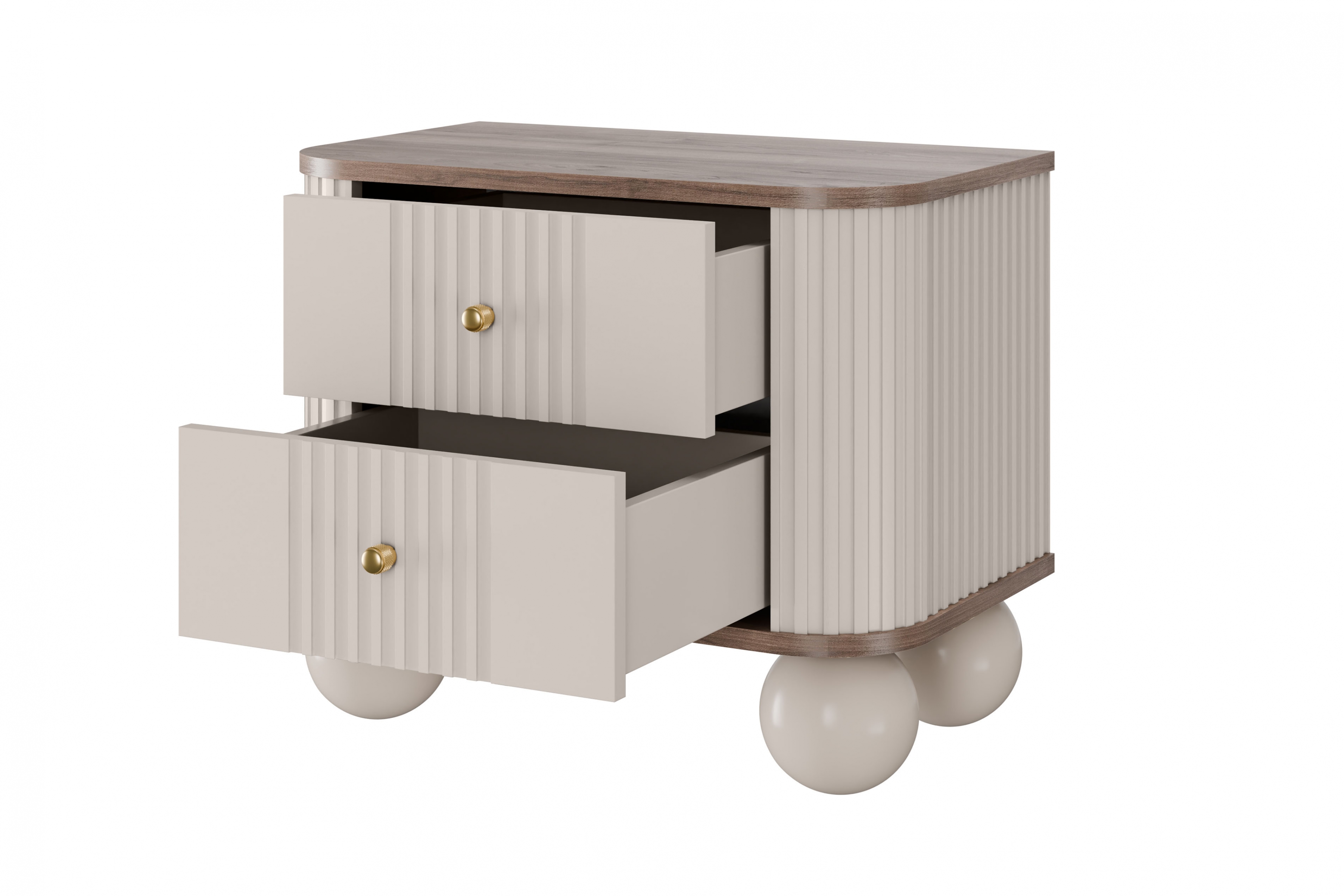 Set nočních stolků Vesper 56 cm - kašmírová / ořech / zlaté úchytky / kulaté kašmírové nohy Komplet szafek nocnych Vesper 56 cm - kašmír / ořech / zlote Úchytky / Nohy kule