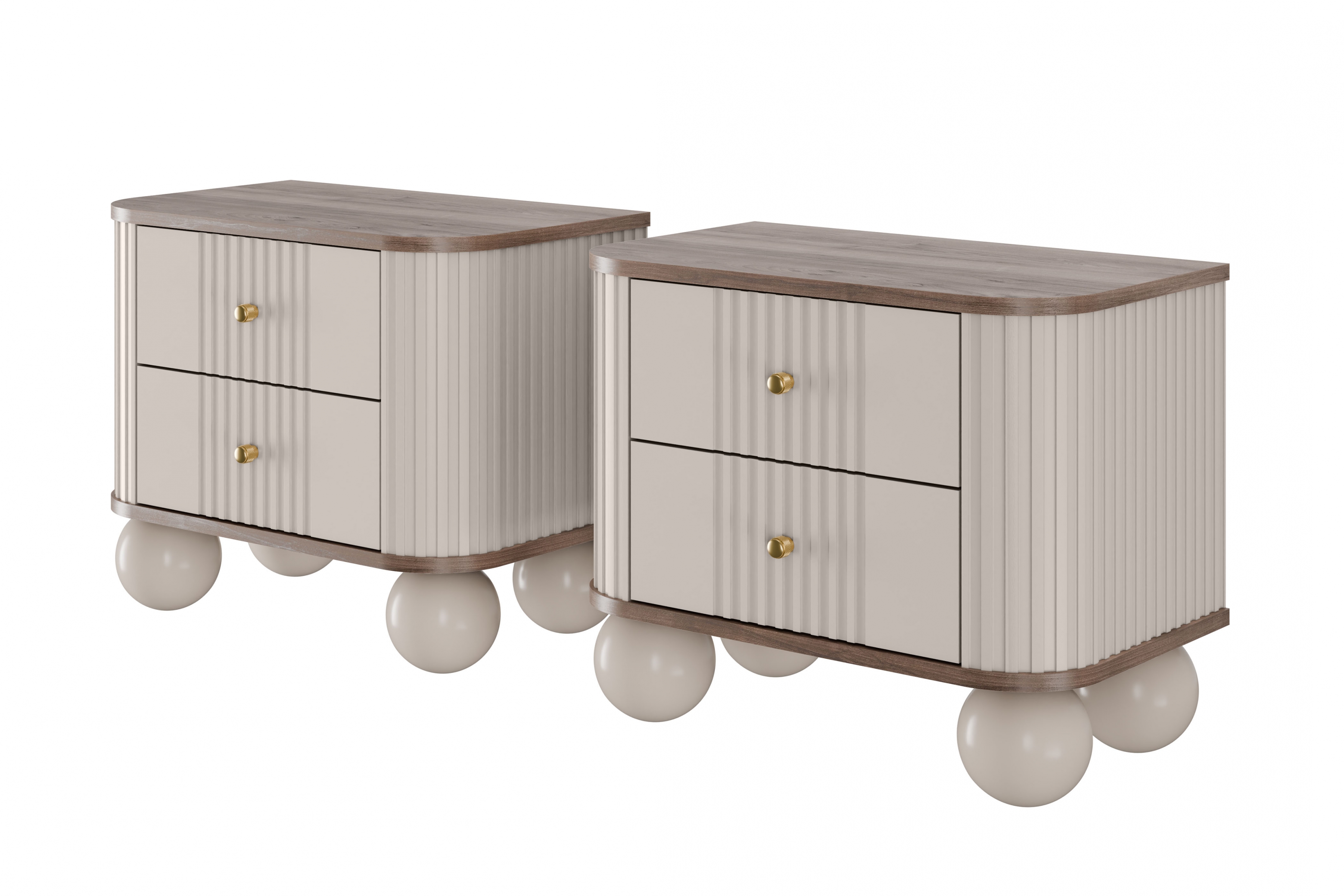 Set nočních stolků Vesper 56 cm - kašmírová / ořech / zlaté úchytky / kulaté kašmírové nohy Komplet szafek nocnych Vesper 56 cm - kašmír / ořech / zlote Úchytky / Nohy kule