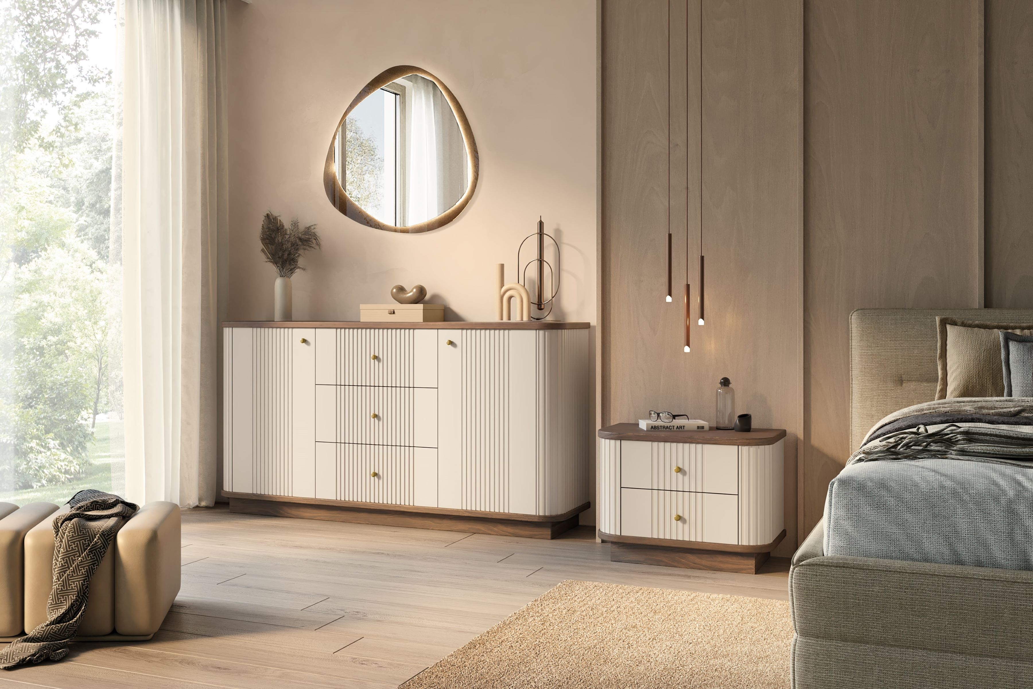 Sada nočních stolků Vesper 56 cm - kašmírová / ořech / zlaté úchytky Komplet szafek nocnych Vesper 56 cm - kašmír / ořech / zlote Úchytky