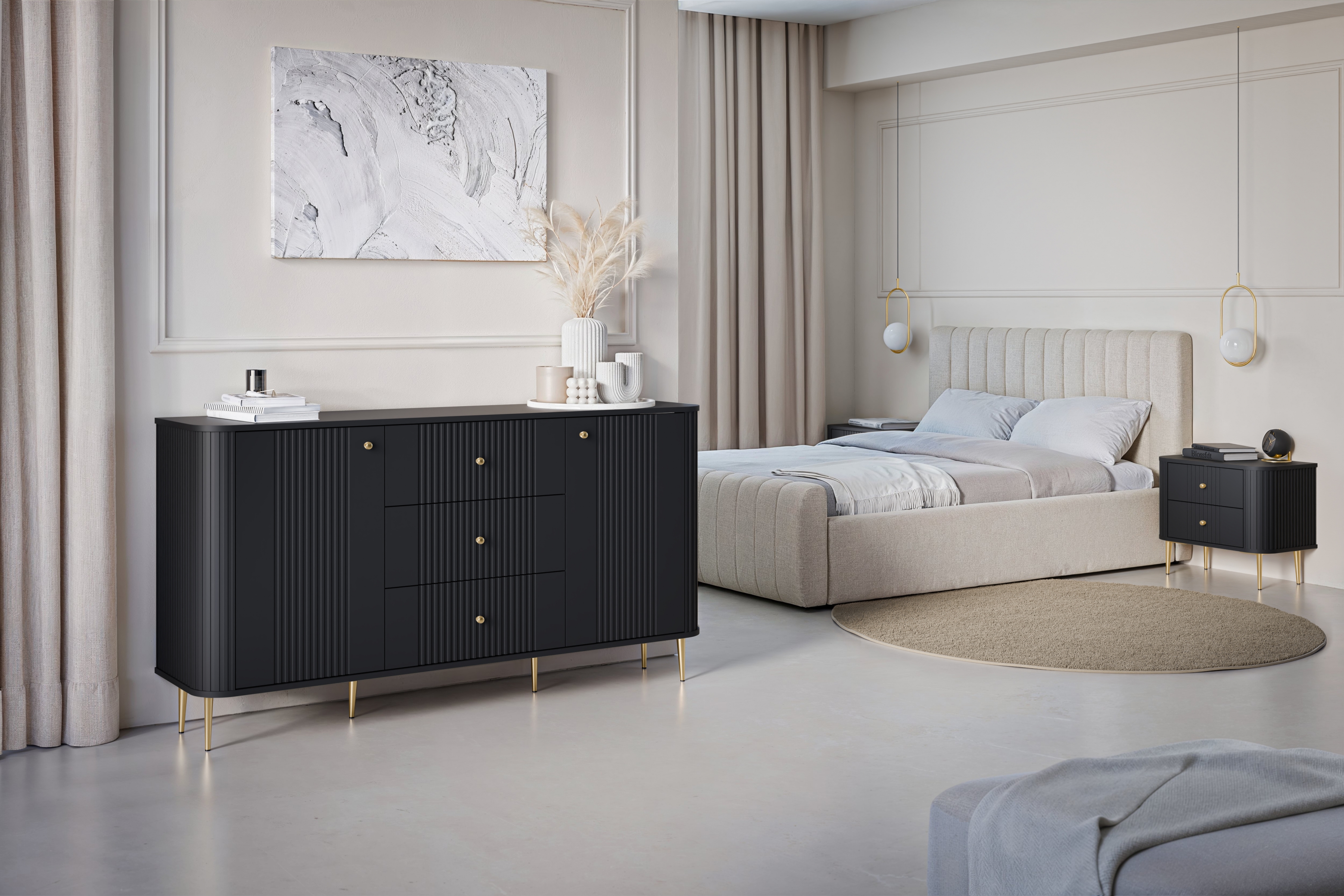 Nočné stolíky Vespera 56 cm - 2 ks - čierna / zlatá Komplet szafek nocnych Vespera 56 cm - Čierny / zlote nožičky