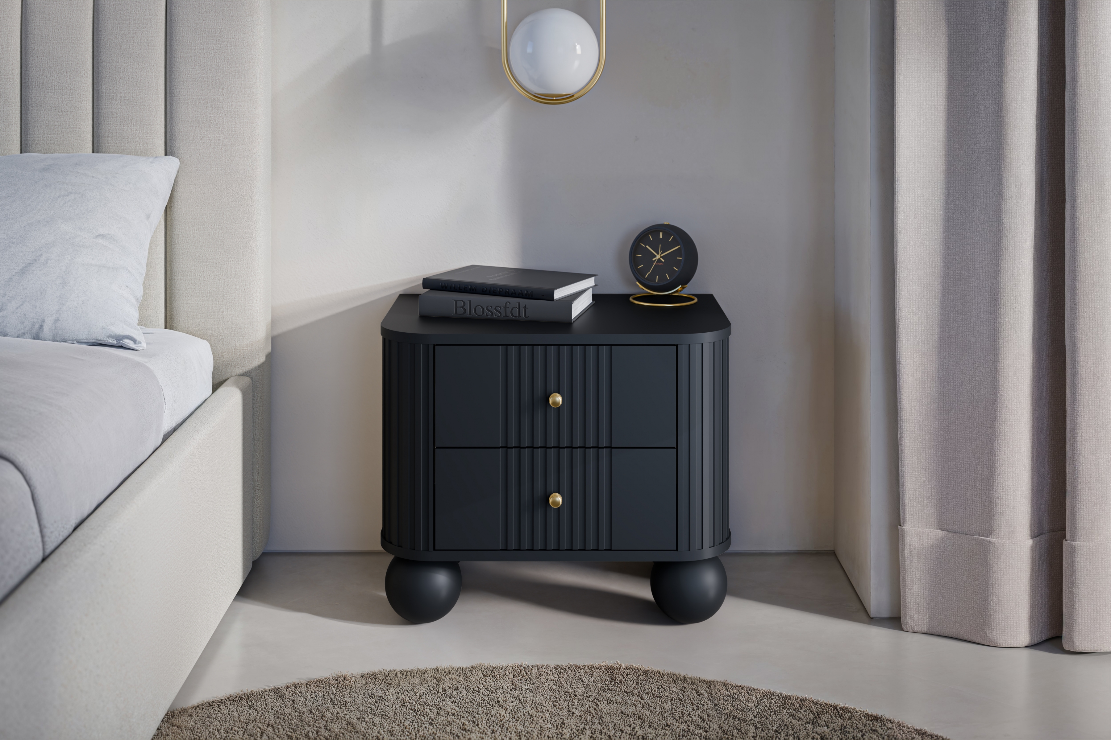 Set nočních stolků Vesper 56 cm - černá / zlaté úchytky / kulaté černé nohy Komplet szafek nocnych Vespera 56 cm - černá / zlaté Úchytky / černá Nohy kule
