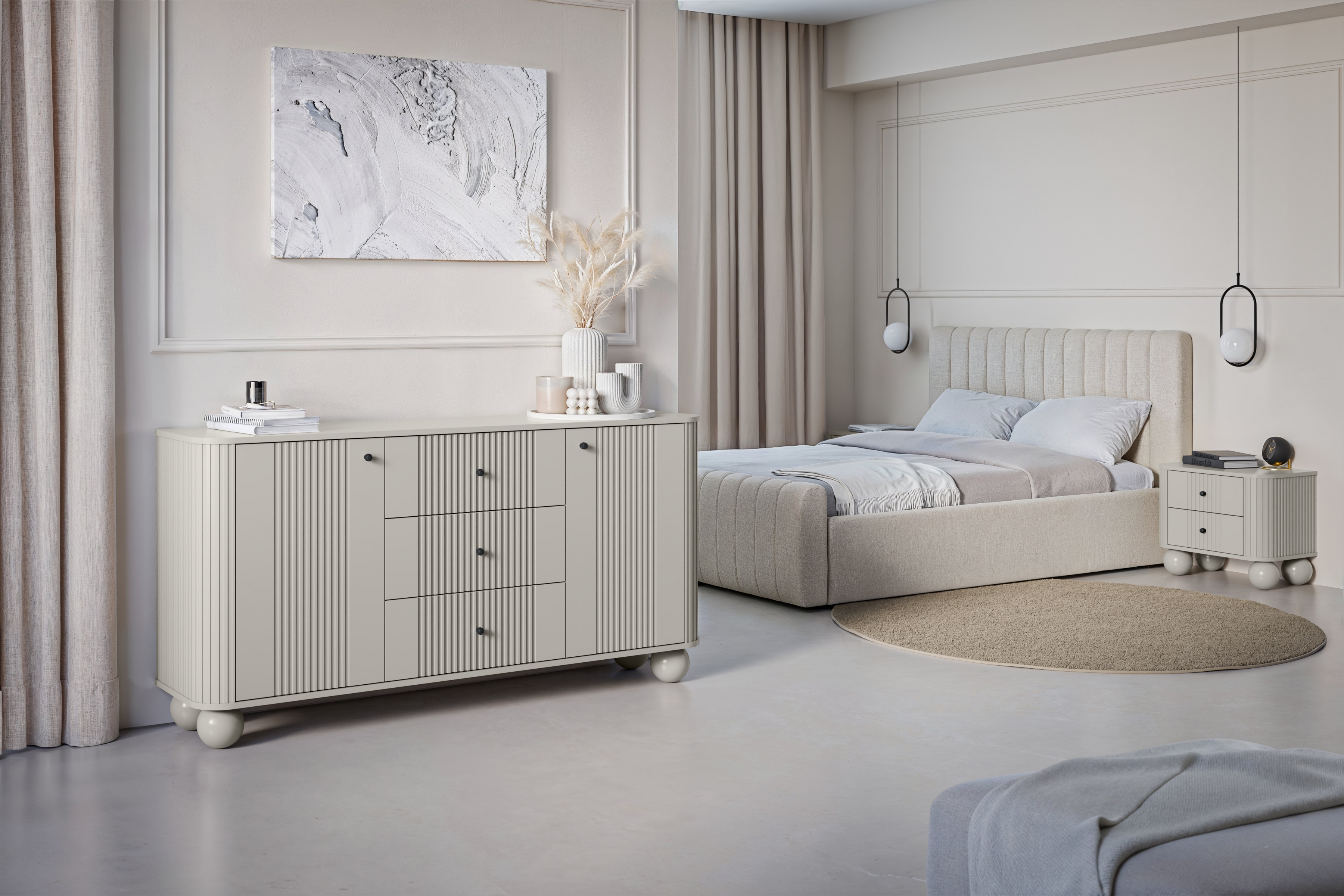 Set nočních stolků Vesper 56 cm - kašmírová / černé úchytky / kulaté kašmírové nohy Komplet szafek nocnych Vespera 56 cm - kašmír / černá Úchytky / kaszmirowe Nohy kule