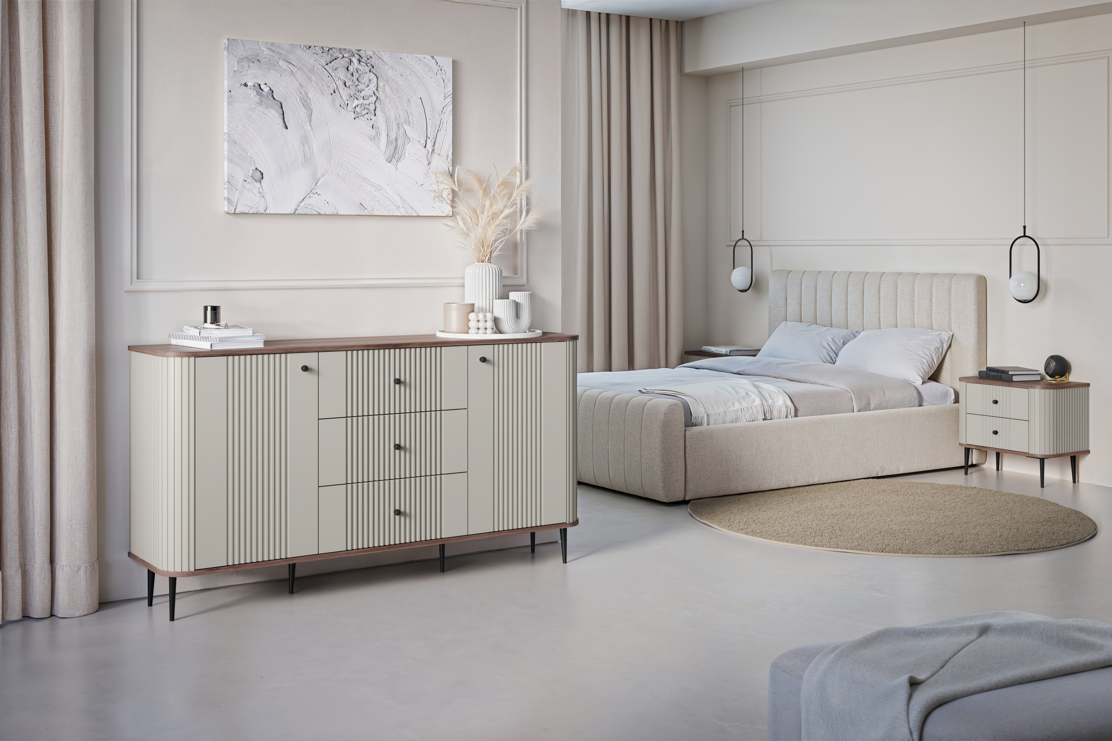 Set nočních stolků Vesper 56 cm - kašmírová / ořech / černé nohy Komplet szafek nocnych Vespera 56 cm - kašmír / ořech / černá Nohy