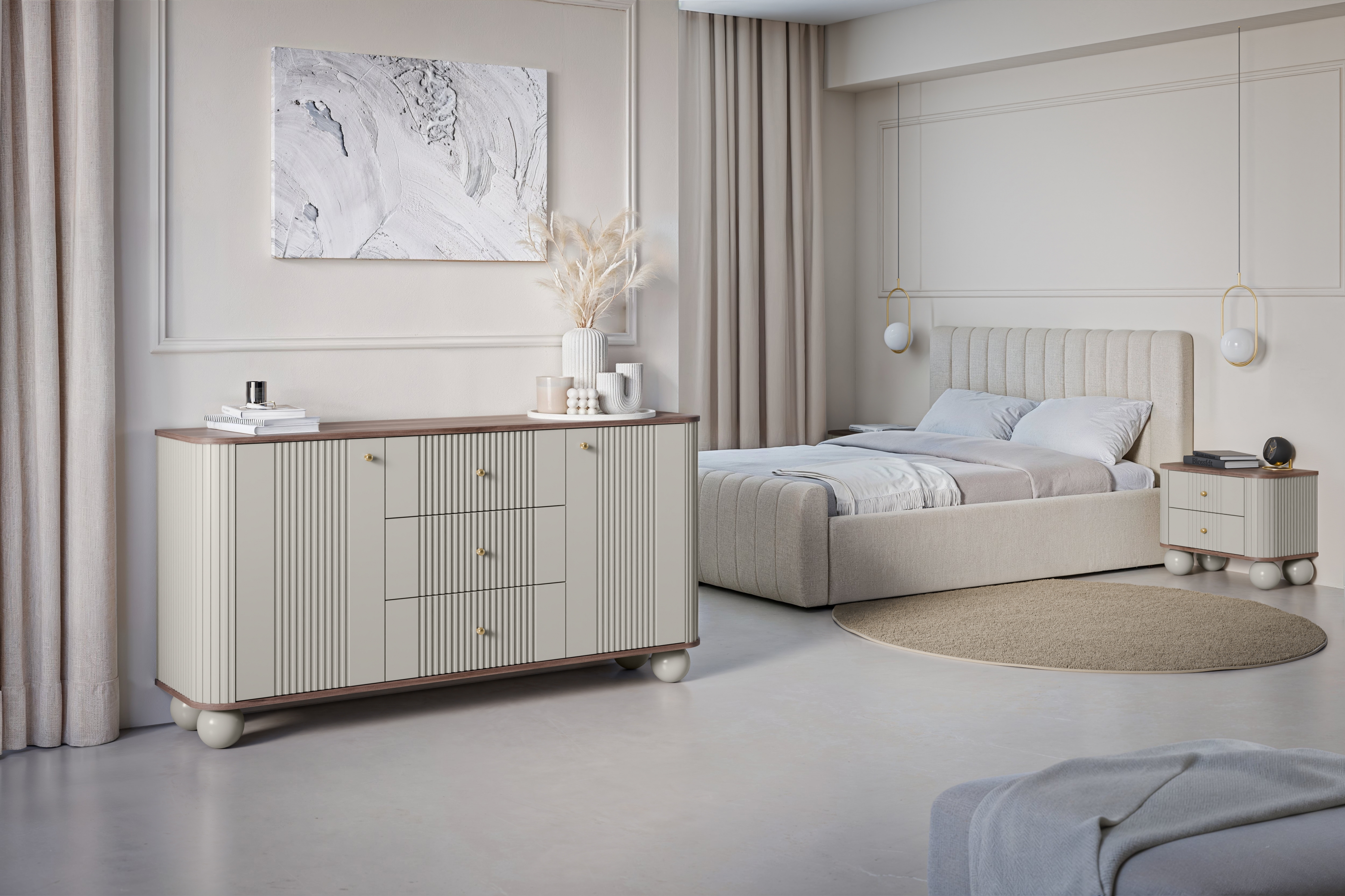 Set nočních stolků Vesper 56 cm - kašmírová / ořech / zlaté úchytky / kulaté kašmírové nohy Komplet szafek nocnych Vespera 56 cm - kašmír / ořech / zlaté Úchytky / kaszmirowe Nohy kule