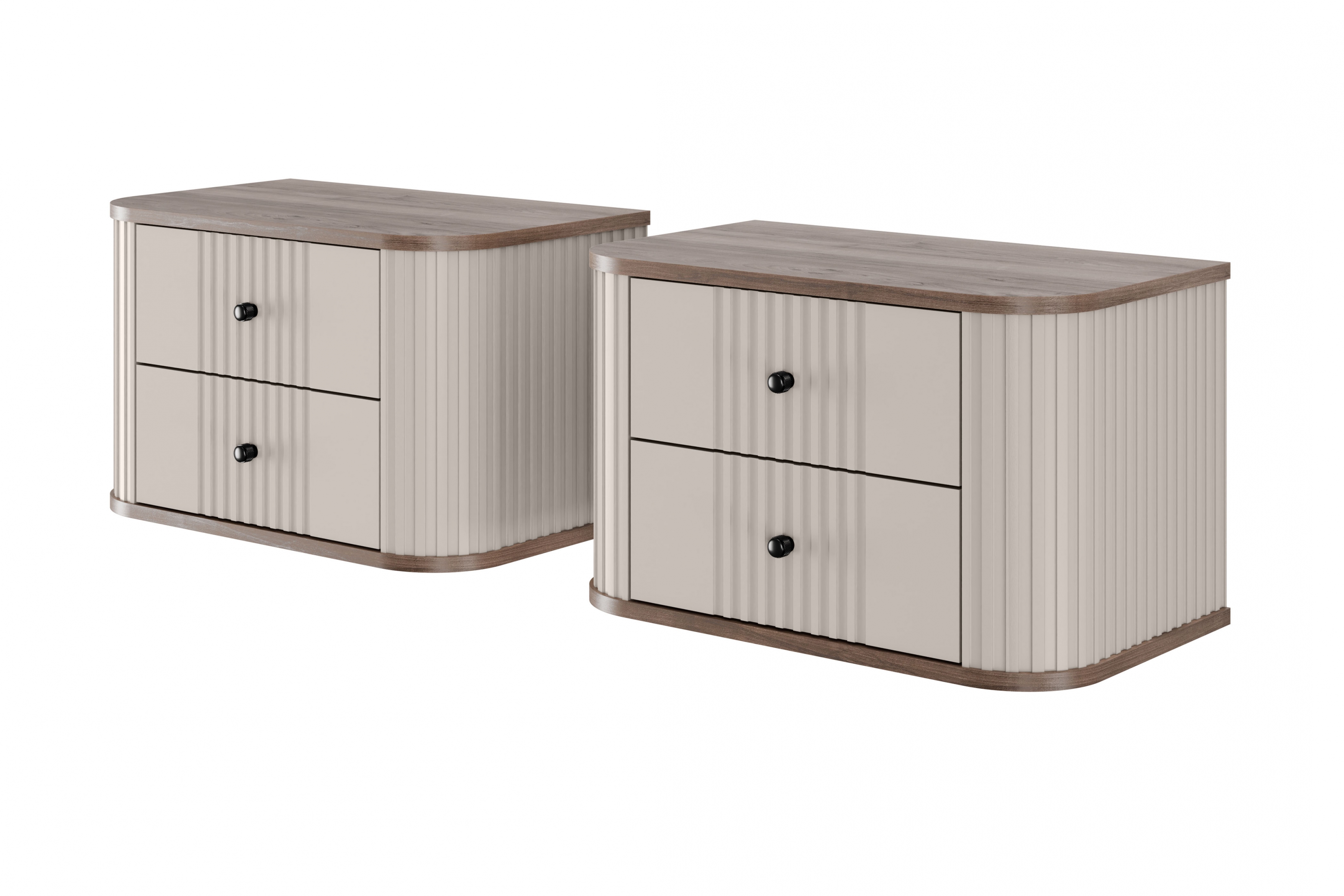 Nočné stolíky na stenu Vespera 56 cm - 2 ks - kašmírová / orech / čierna Komplet szafek nocnych wiszacych Vesper 56 cm - kašmír / Orech / čierny úchyty