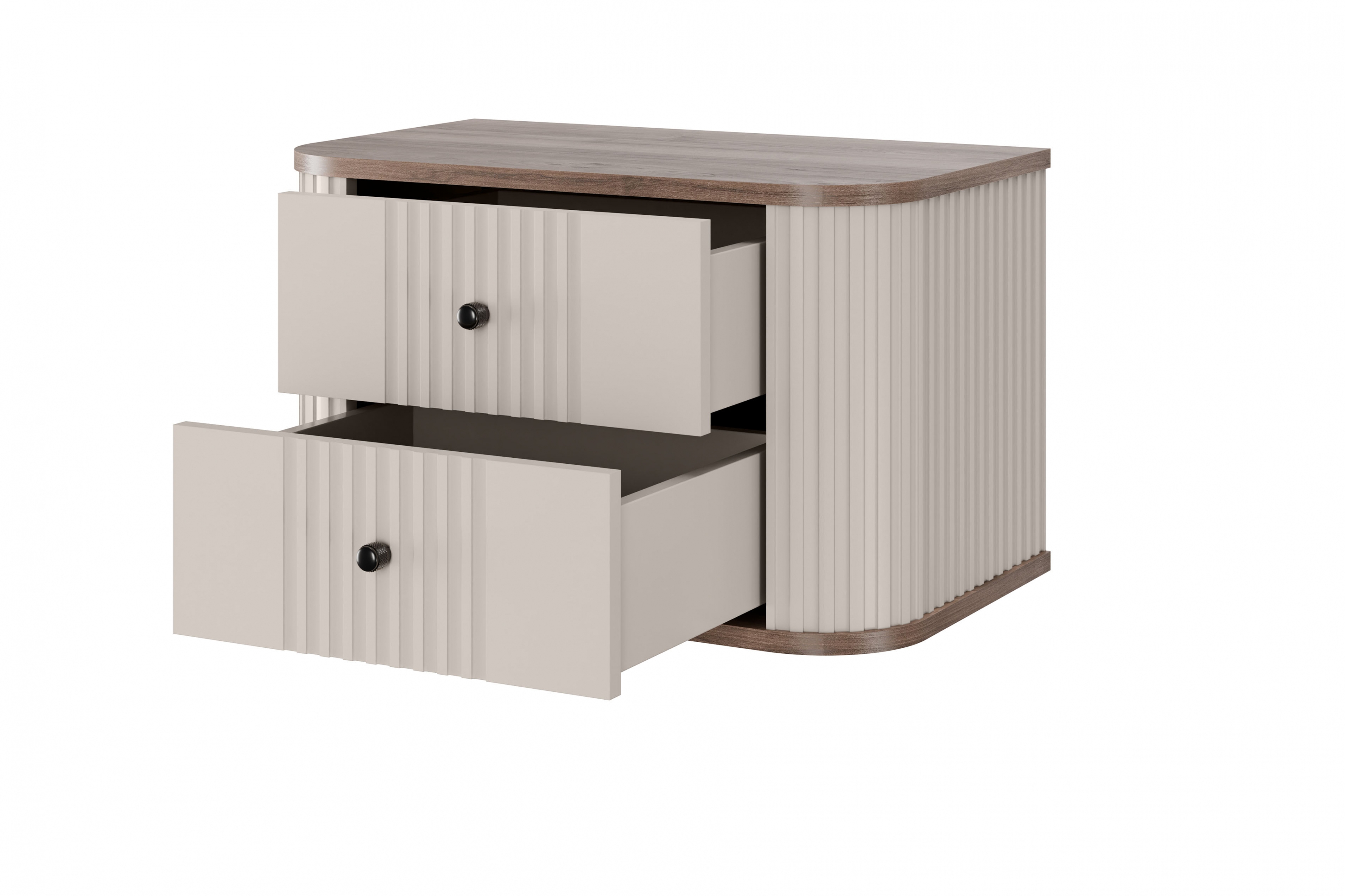 Nočné stolíky na stenu Vespera 56 cm - 2 ks - kašmírová / orech / čierna Komplet szafek nocnych wiszacych Vesper 56 cm - kašmír / Orech / čierny úchyty