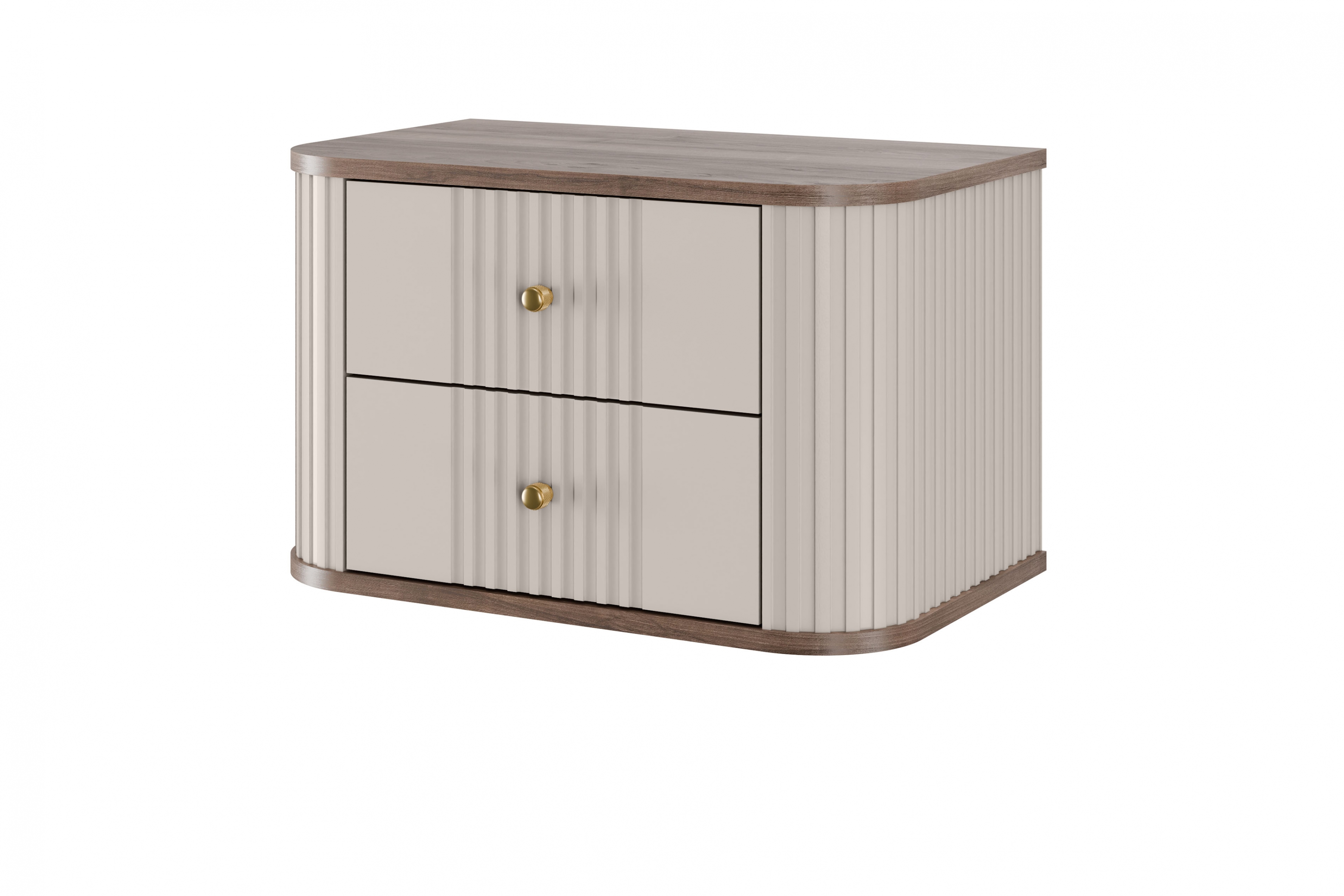 Set závěsných nočních stolků Vesper 56 cm - kašmírová / ořech / zlaté úchytky Komplet szafek nocnych wiszacych Vesper 56 cm - kašmír / ořech / zlote Úchytky