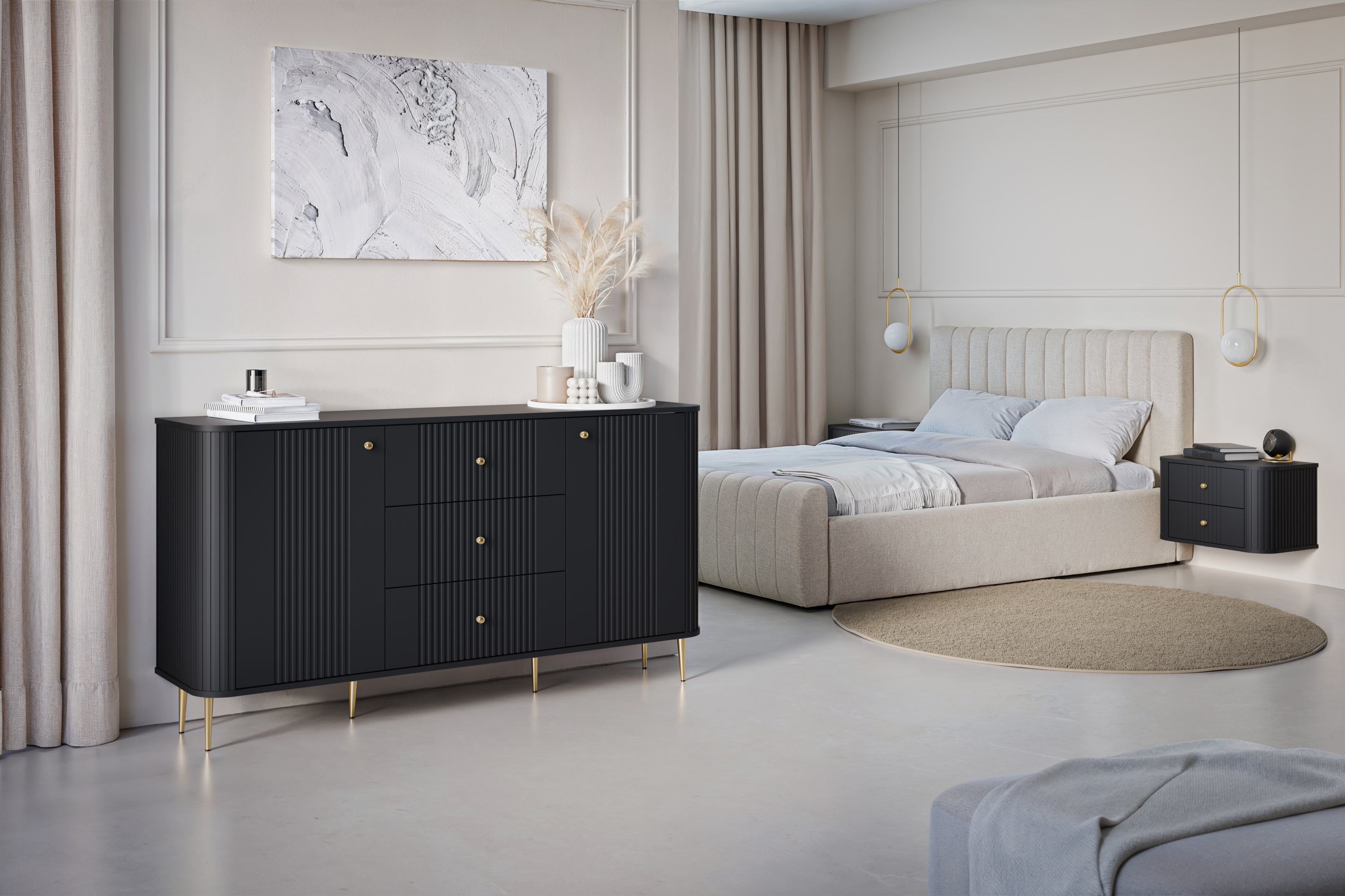 Set závěsných nočních stolků Vesper 56 cm - černá / zlaté úchytky Komplet szafek nocnych wiszacych Vespera 56 cm - černá / zlaté Úchytky