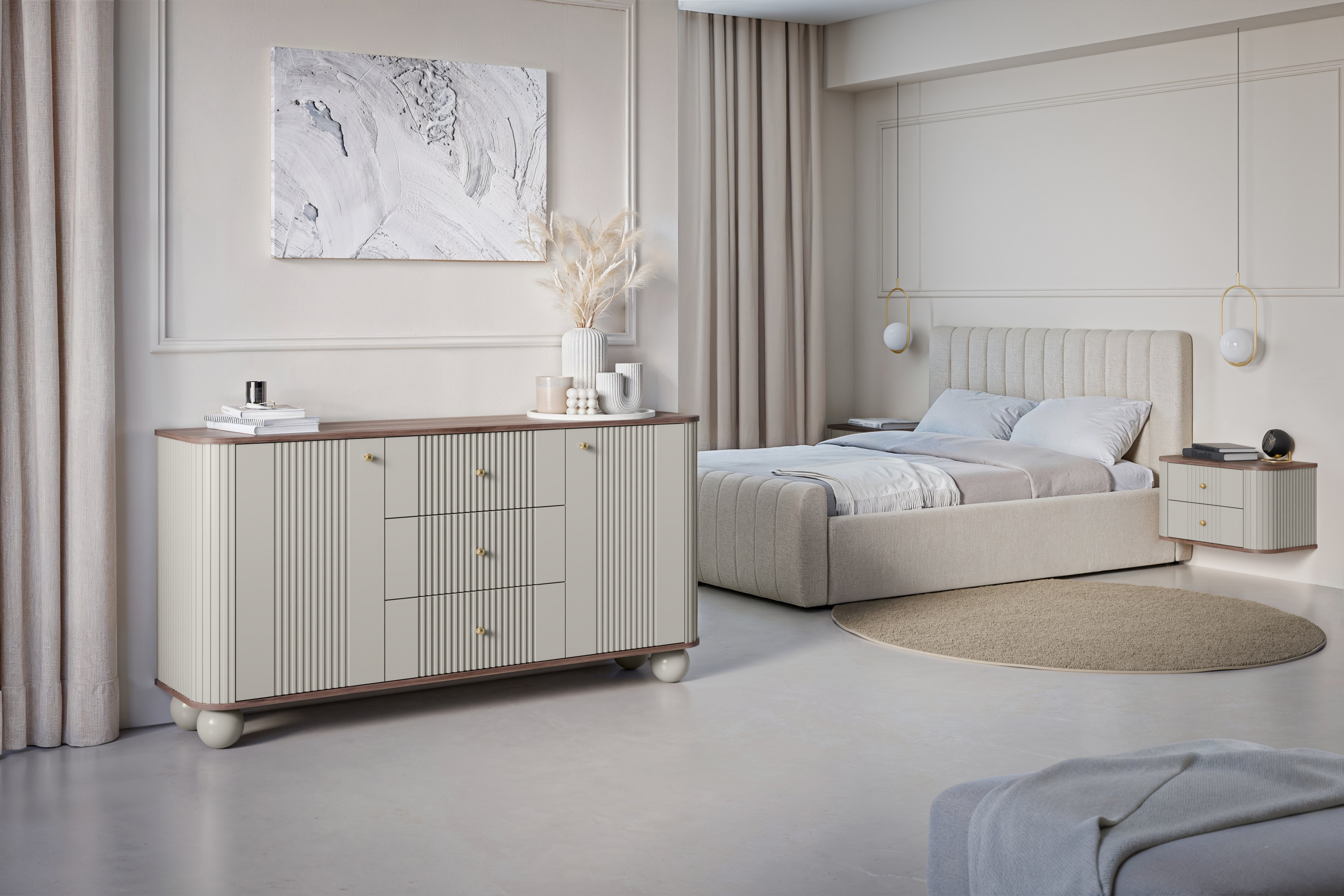 Set závěsných nočních stolků Vesper 56 cm - kašmírová / ořech / zlaté úchytky Komplet szafek nocnych wiszacych Vespera 56 cm - kašmír / ořech / zlaté Úchytky