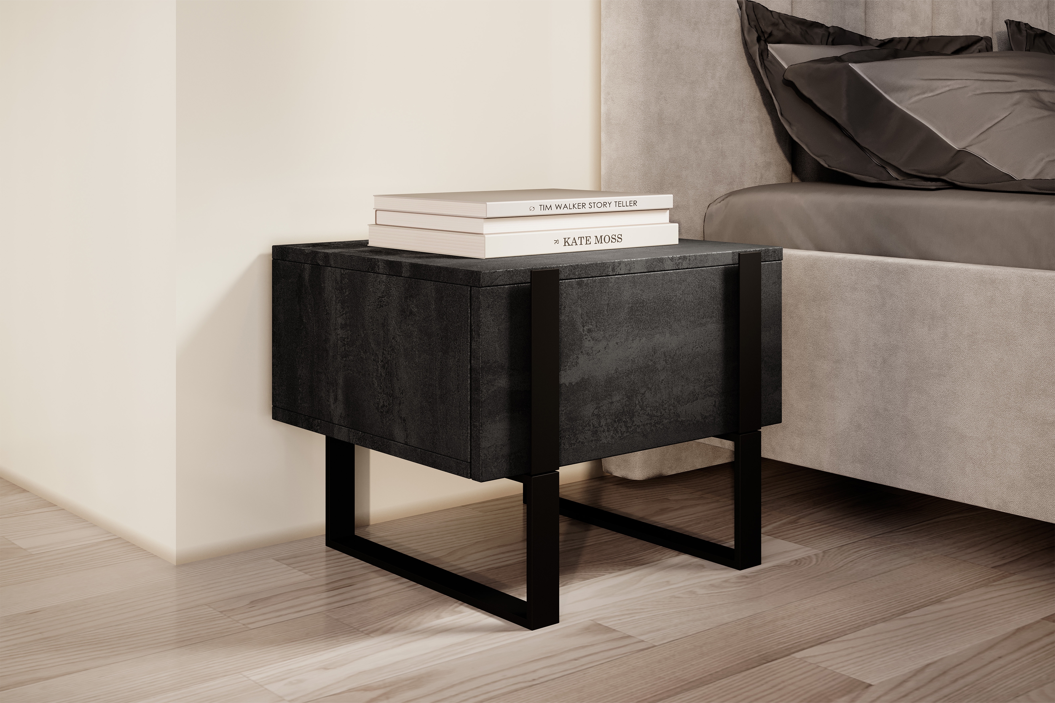 Sada nočních stolků Verica 2 ks - charcoal / černé nožky Komplet Noční stolek stolek Verica se zásuvkami na kovových nohách - černá beton / černá nozki