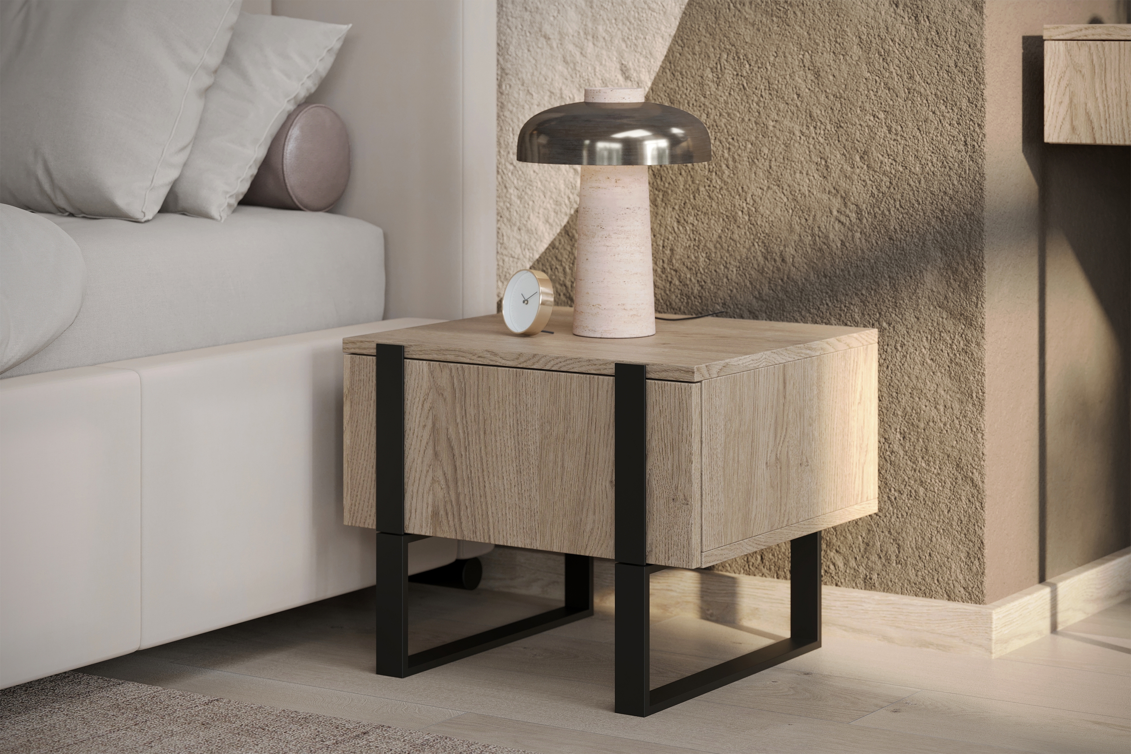 Sada 2 ks nočných stolíkov Verica so zásuvkami - dub biszkoptový / čierne nožičky Komplet Nočný Stolík Stolík Verica so zásuvkami na kovových nohách - Dub biszkoptowy / čierny nozki