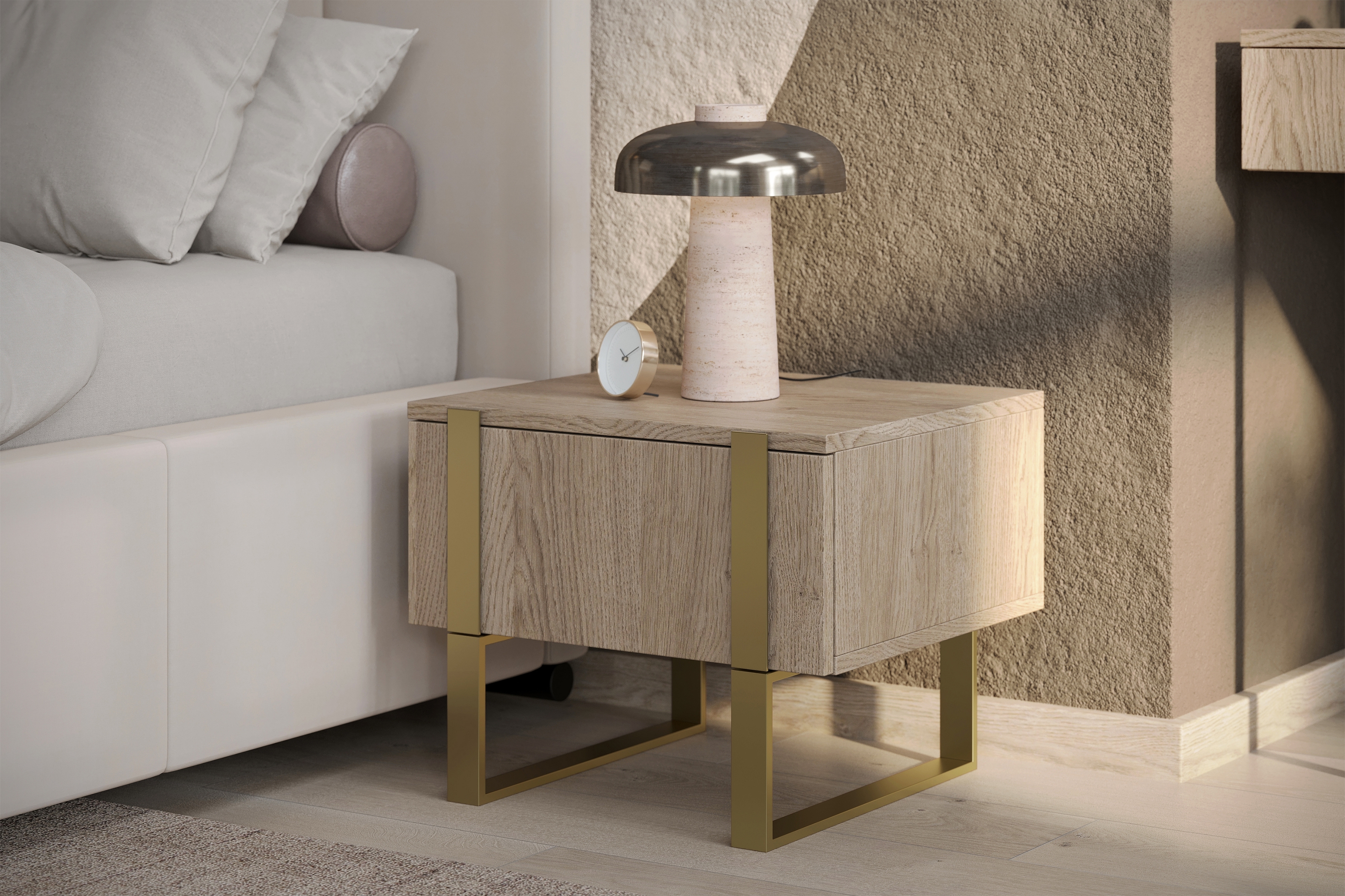 Komplet Nočný Stolík Stolík Verica so zásuvkami na kovových nohách - Dub biszkoptowy / zlote nozki Komplet Nočný Stolík Stolík Verica so zásuvkami na kovových nohách - Dub biszkoptowy / zlote nozki