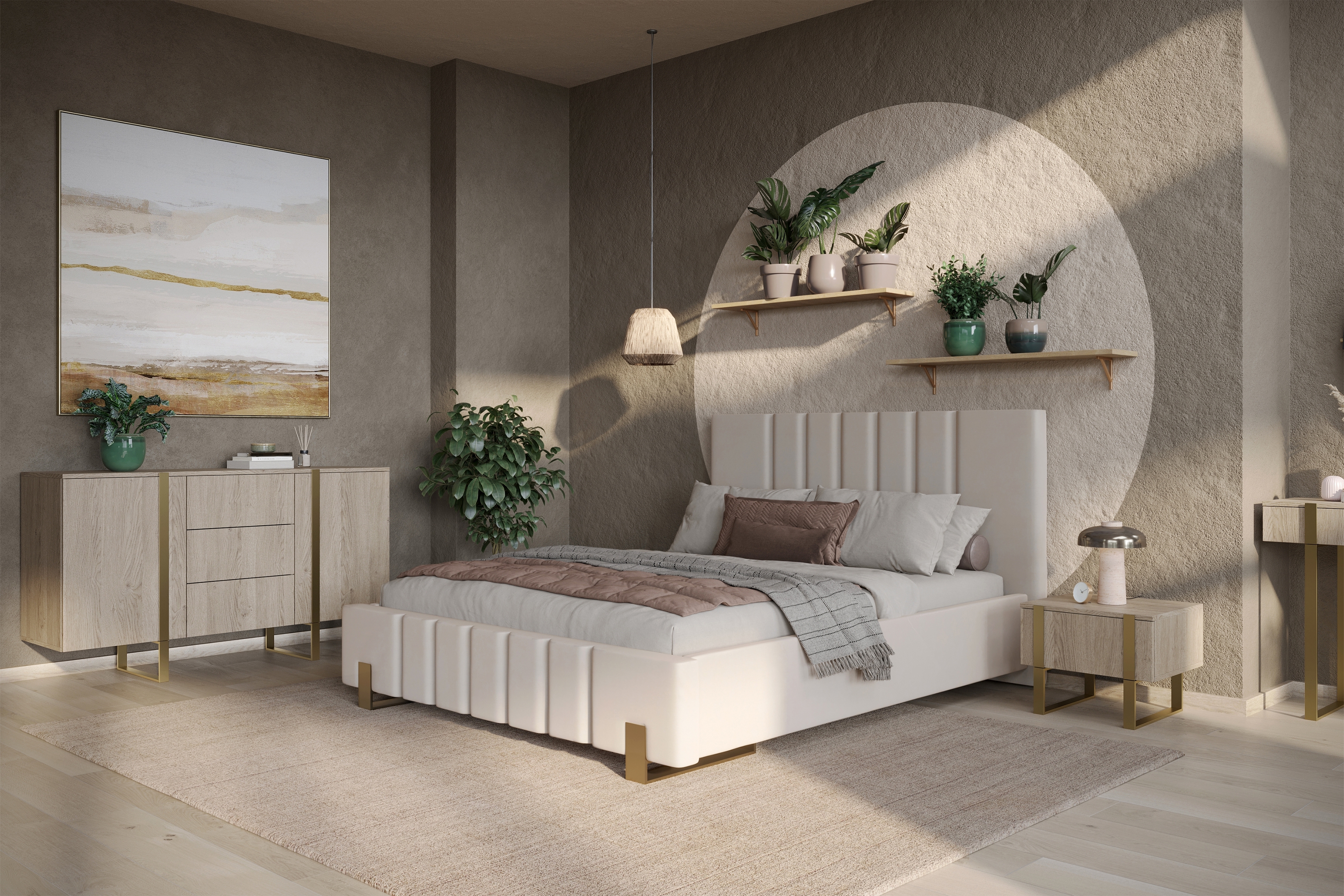 Komplet Nočný Stolík Stolík Verica so zásuvkami na kovových nohách - Dub biszkoptowy / zlote nozki Komplet Nočný Stolík Stolík Verica so zásuvkami na kovových nohách - Dub biszkoptowy / zlote nozki