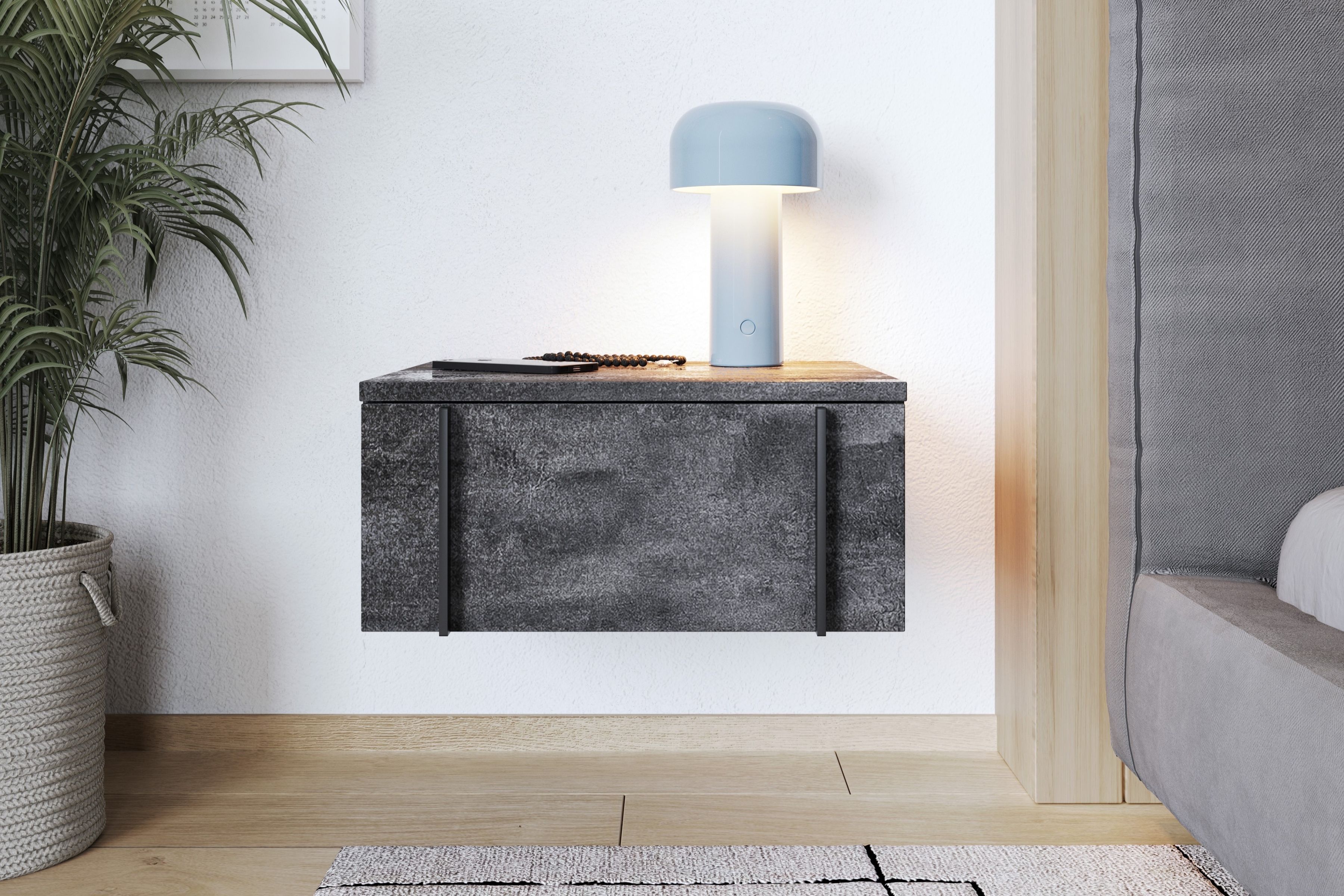 Nočné stolíky na stenu Larena - 2 ks - čierny betón / čierne úchytky - Koncovka série Komplet Nočný Stolík závesná Larena 2 ks. - Čierny beton / čierny úchyty