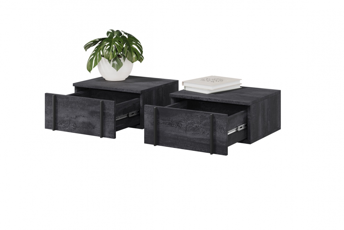 Nočné stolíky na stenu Larena - 2 ks - čierny betón / čierne úchytky - Koncovka série Komplet Nočný Stolík závesná Larena 2 ks. - Čierny beton / čierny úchyty