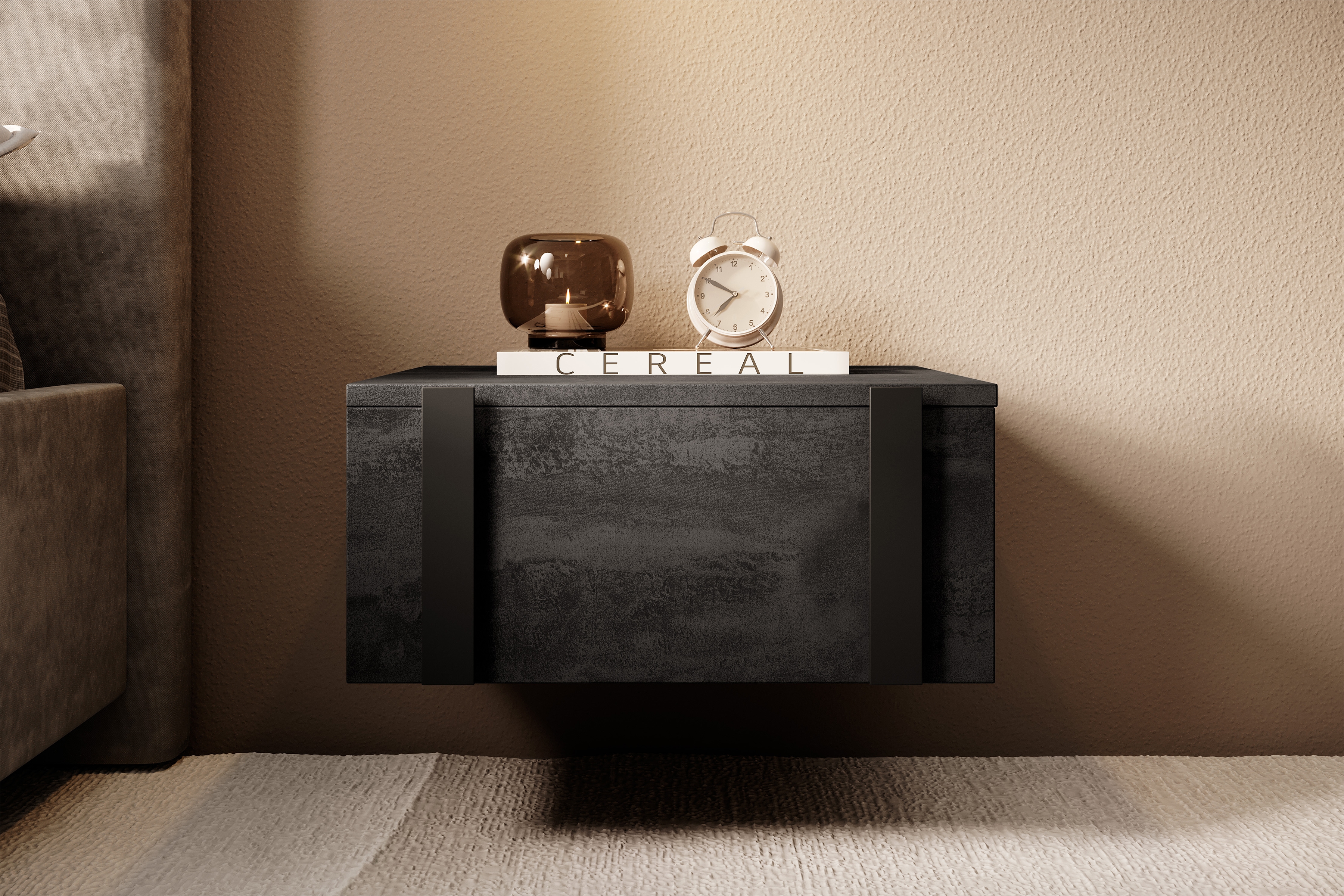 Sada 2 ks závesných nočných stolíkov Verica - čierny betón / čierne úchyty - Limitovaná ponuka Komplet Nočný Stolík závesná Verica 2 ks. - Čierny beton / čierny úchyty