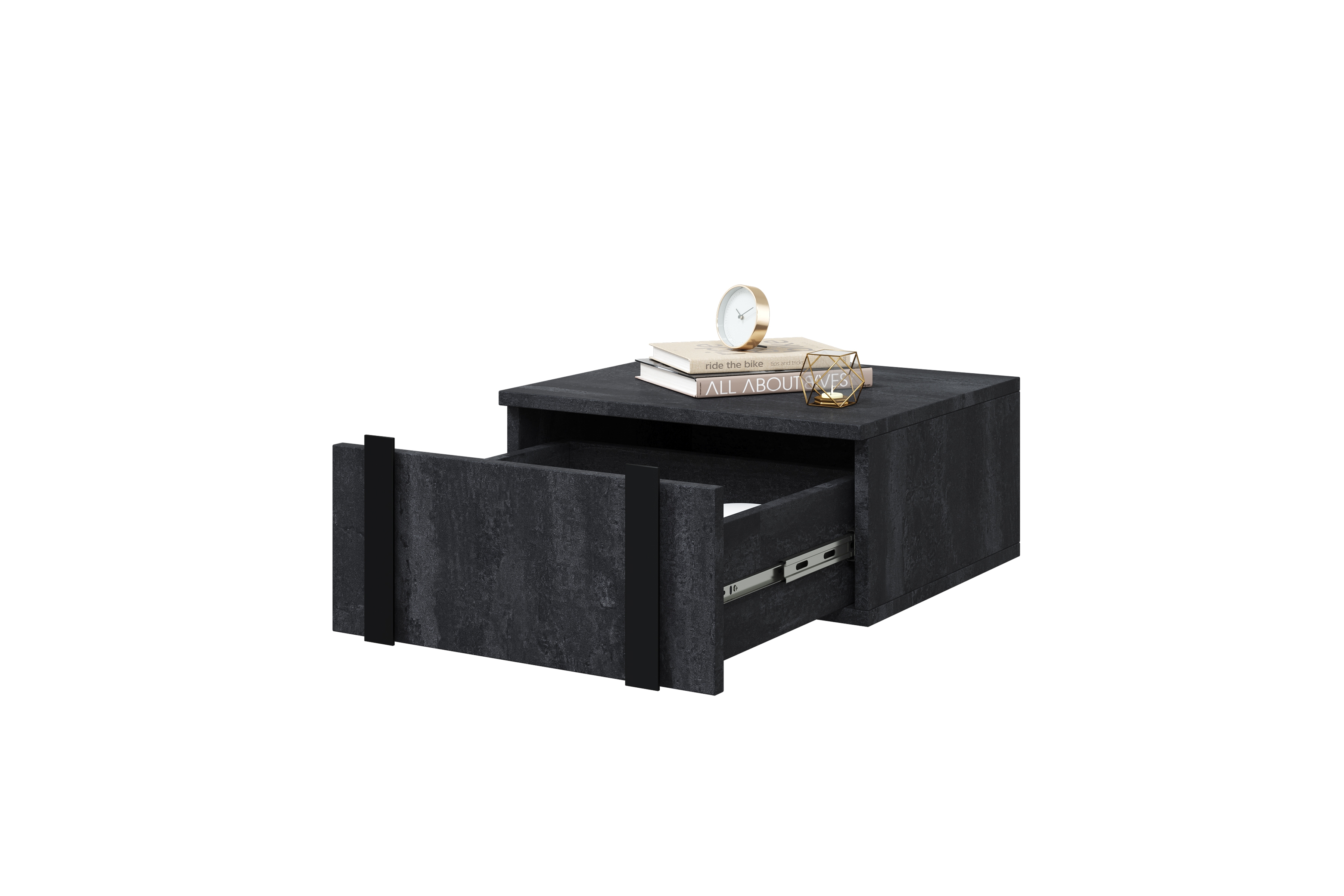 Sada 2 ks závesných nočných stolíkov Verica - čierny betón / čierne úchyty - Limitovaná ponuka Komplet Nočný Stolík závesná Verica 2 ks. - Čierny beton / čierny úchyty