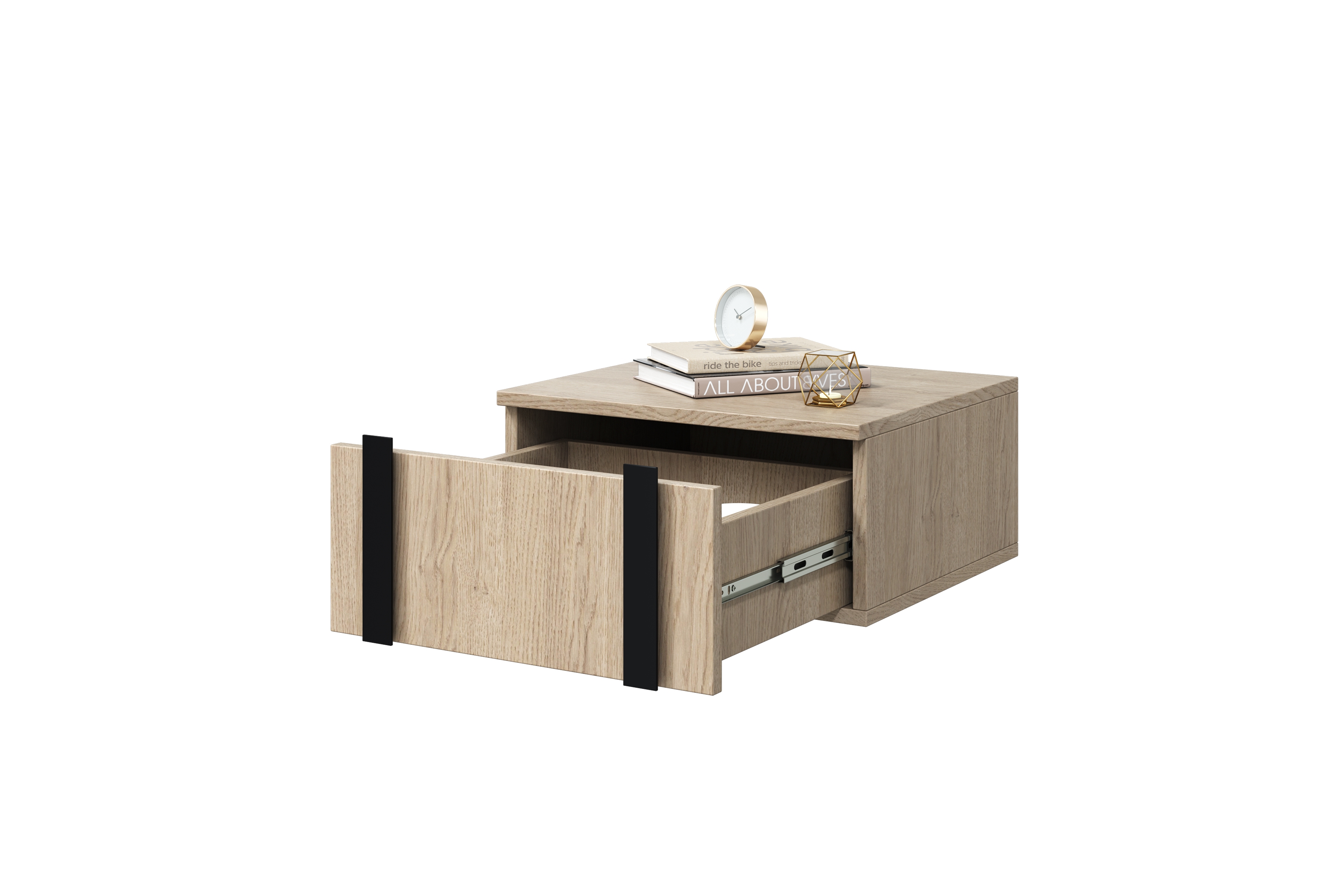 Sada 2 ks závesných nočných stolíkov Verica - dub biszkoptový / čierne úchyty Komplet Nočný Stolík závesná Verica 2 ks. - Dub biszkoptowy / čierny úchyty