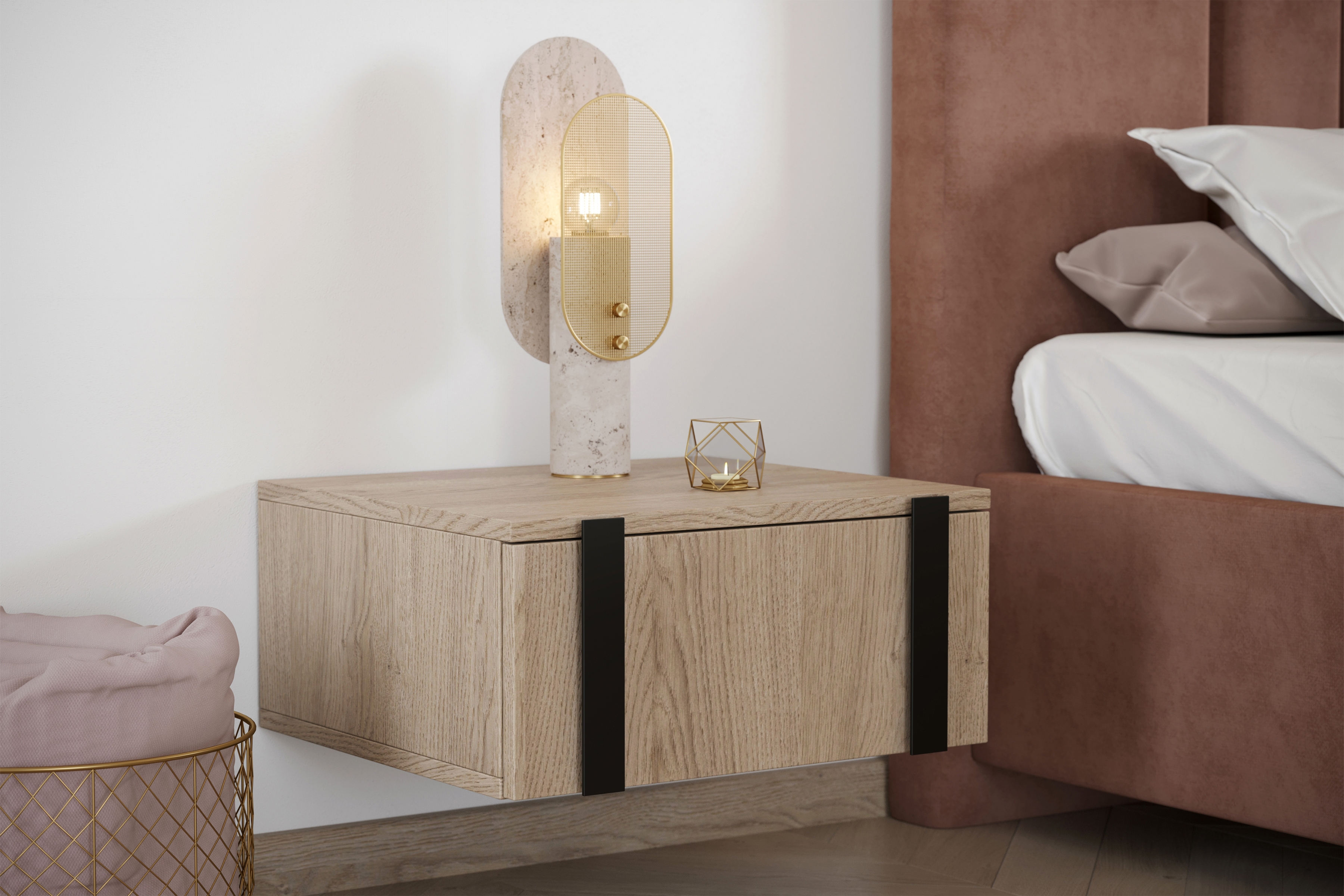 Sada 2 ks závesných nočných stolíkov Verica - dub biszkoptový / čierne úchyty Komplet Nočný Stolík závesná Verica 2 ks. - Dub biszkoptowy / čierny úchyty