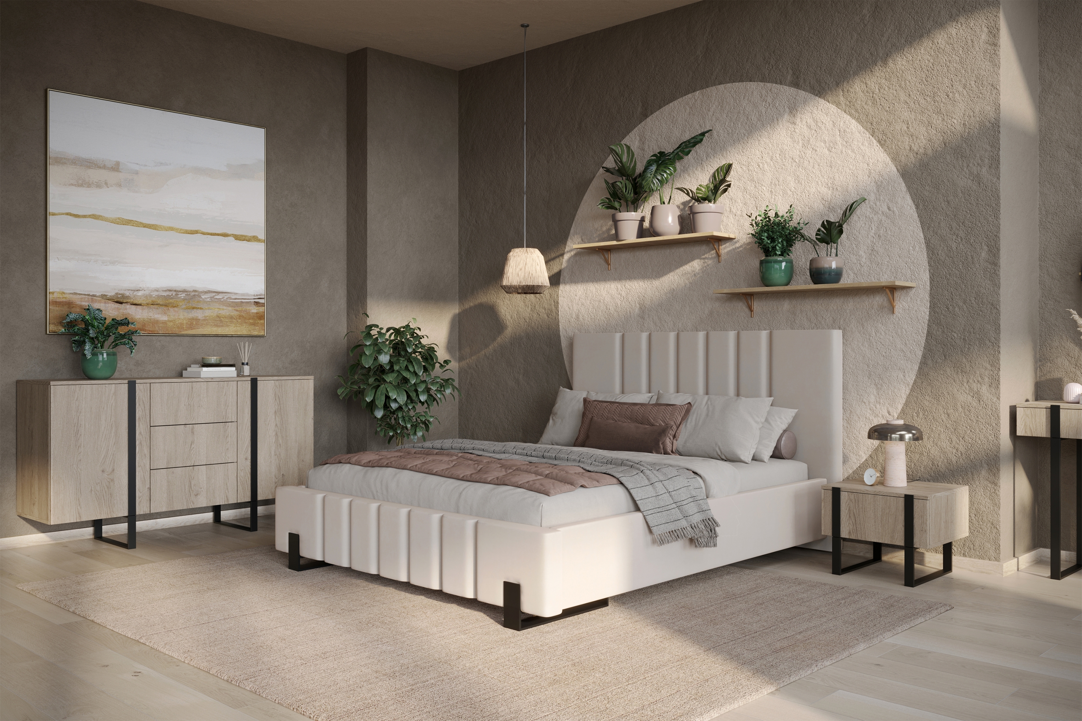 Sada 2 ks závesných nočných stolíkov Verica - dub biszkoptový / čierne úchyty Komplet Nočný Stolík závesná Verica 2 ks. - Dub biszkoptowy / čierny úchyty