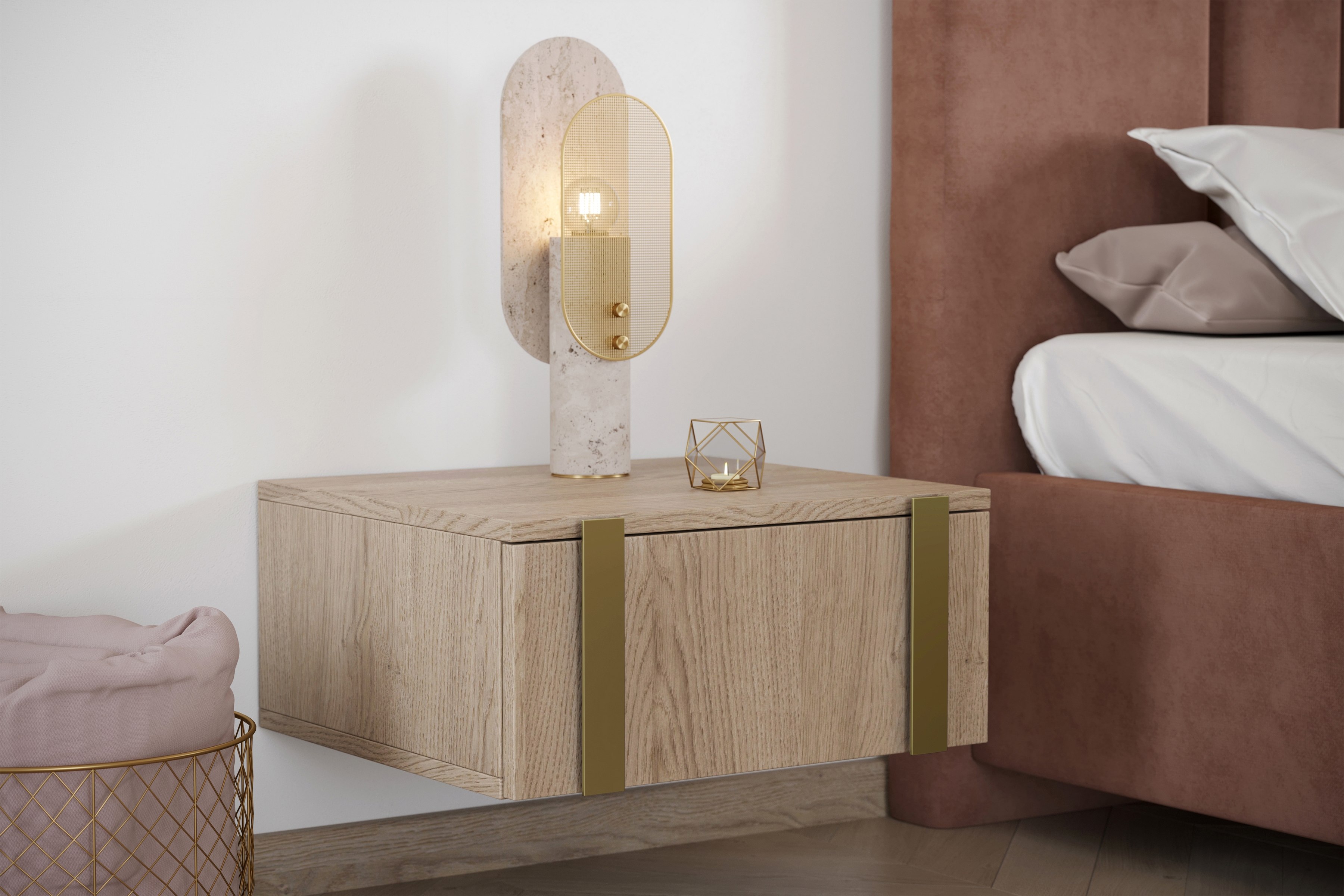 Sada 2 ks závesných nočných stolíkov Verica - dub biszkoptový / zlaté úchyty Komplet Nočný Stolík závesná Verica 2 ks. - Dub biszkoptowy / zlote úchyty