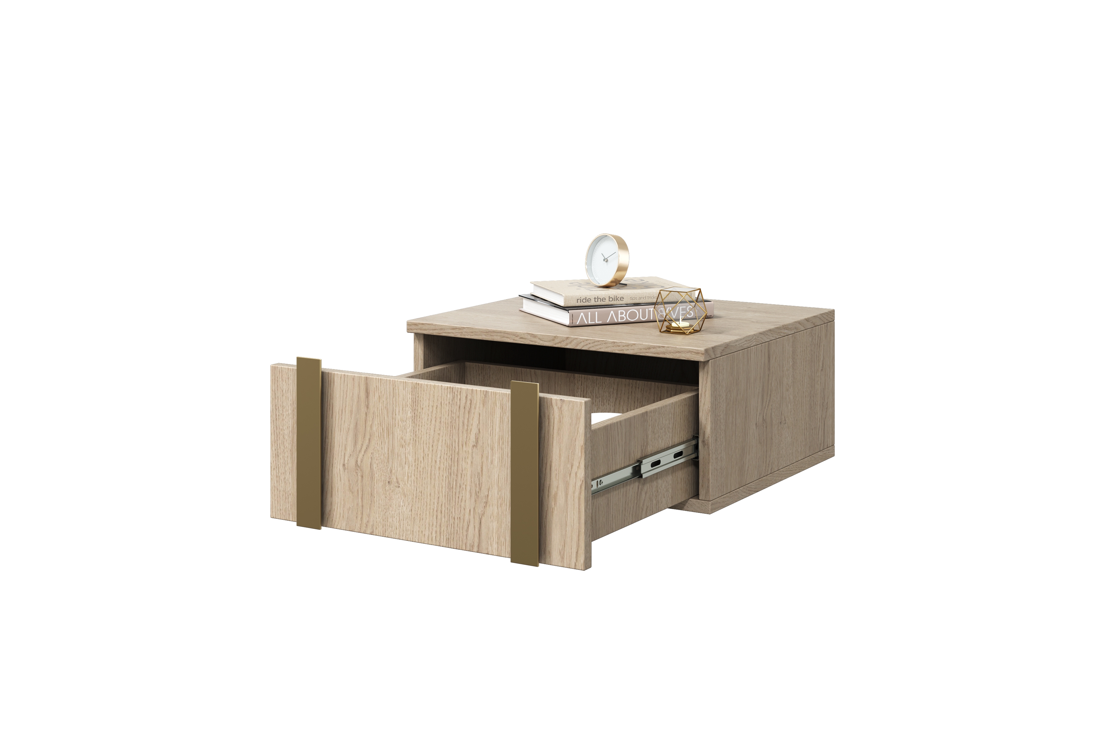 Sada 2 ks závesných nočných stolíkov Verica - dub biszkoptový / zlaté úchyty Komplet Nočný Stolík závesná Verica 2 ks. - Dub biszkoptowy / zlote úchyty