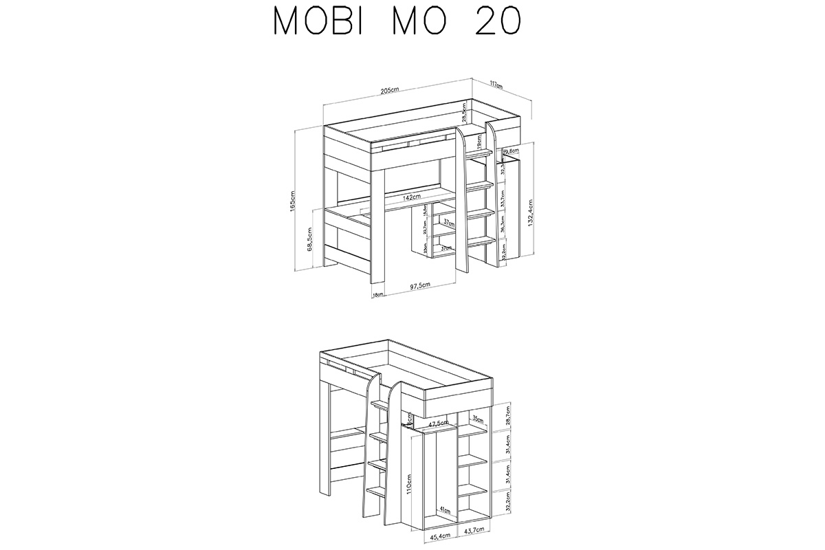 Mobi MO20 emeletes ágy 90x200 cm - fehér - türkizkék postel patrová  90x200 Mobi MO20 - Bílý / Tyrkysová - Rozměry