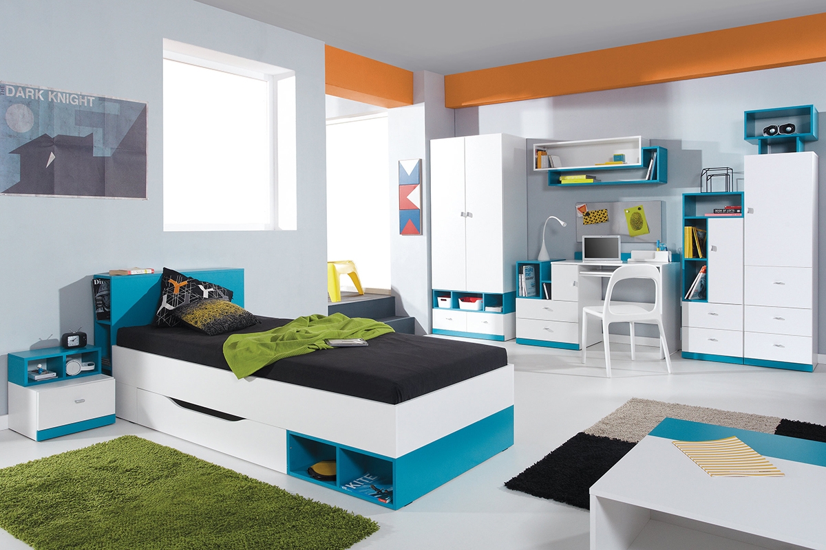Mobi MO21 emeletes ágy 90x200 cm íróasztallal és szekrényekkel - Fehér / Türkizkék Nábytek pro dítě