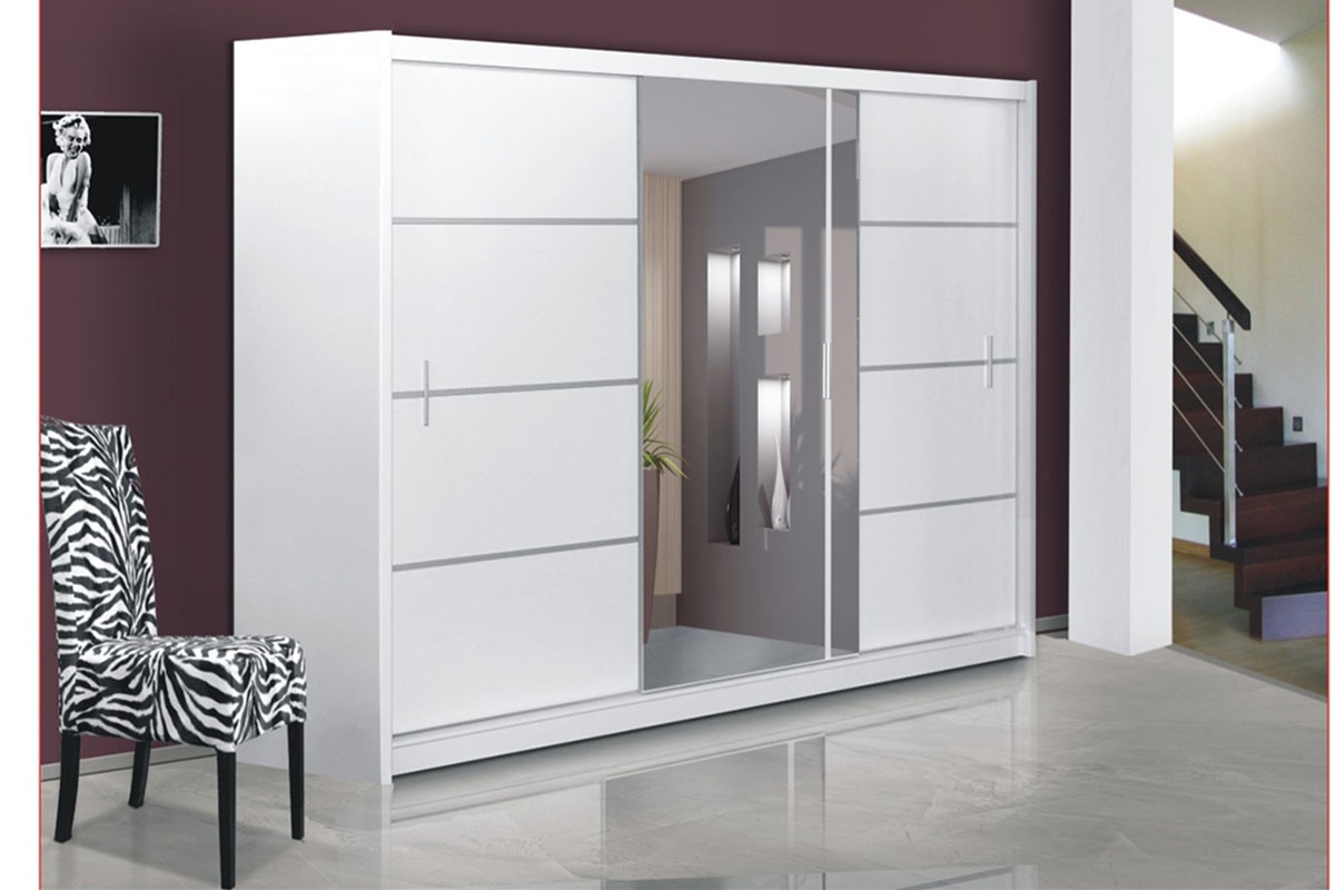 Skriňa trojdverová s posuvnými dverami z zrkadlom Vista 250 cm - biely mat Skriňa Vista vizualizácia