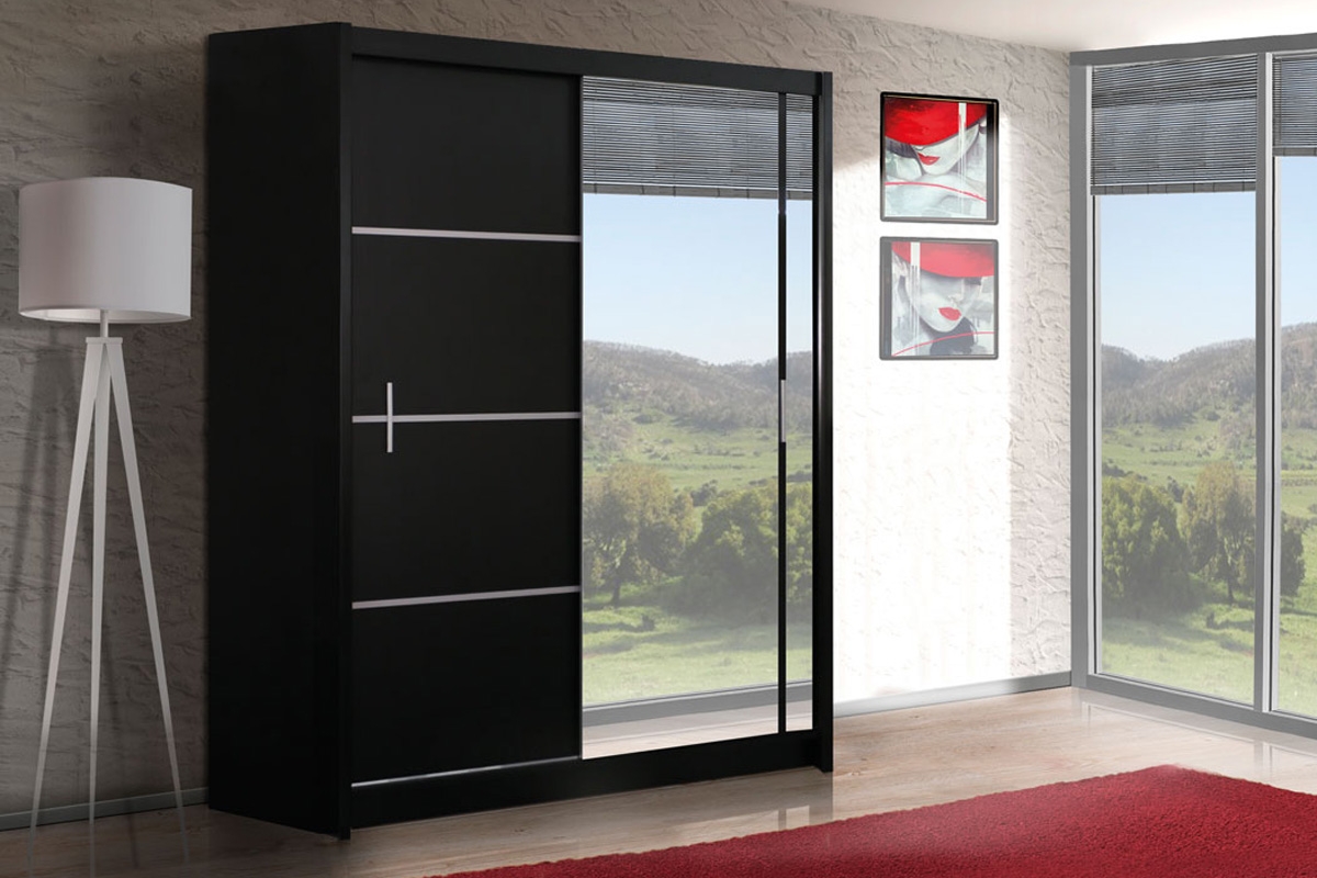 Skriňa s posuvnými dverami z zrkadlom Vista 150 cm - čierny mat Skriňa Vista vizualizácia
