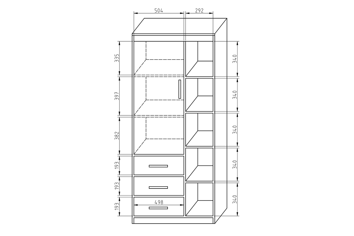 Komplet nábytku 3 -systém KOALA  Regál jednodveřový z 3 zásuvkami Koala CL-9 Rozměry