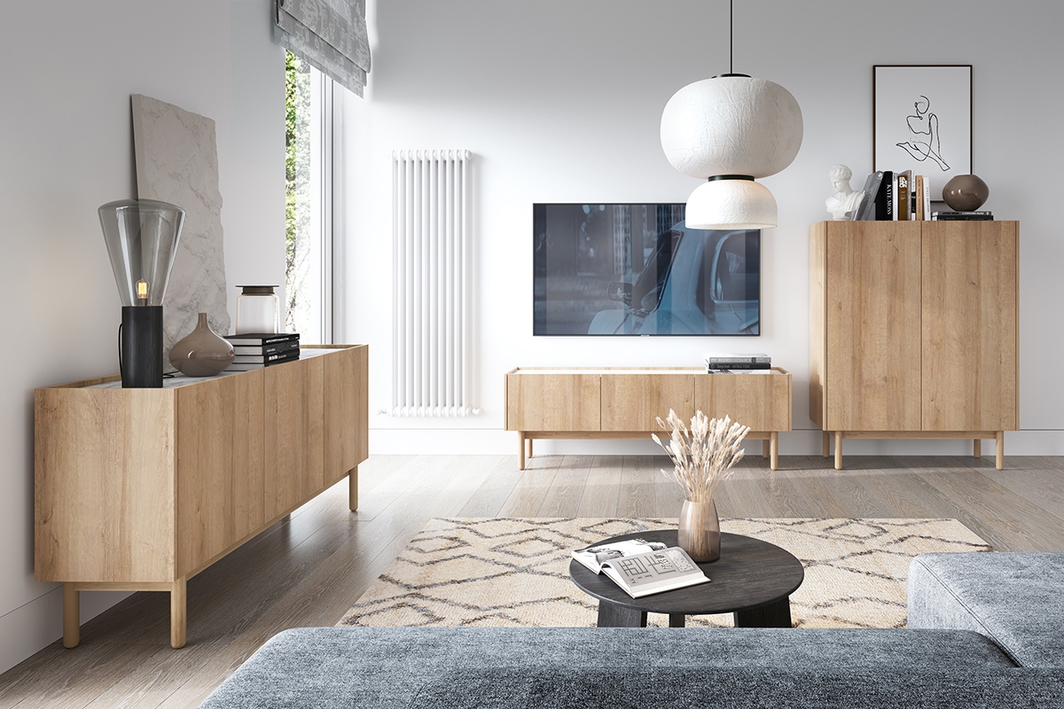 Komoda TV třídveřová Landia - Dub riviera / Bílý mramor moderní obývací pokoj