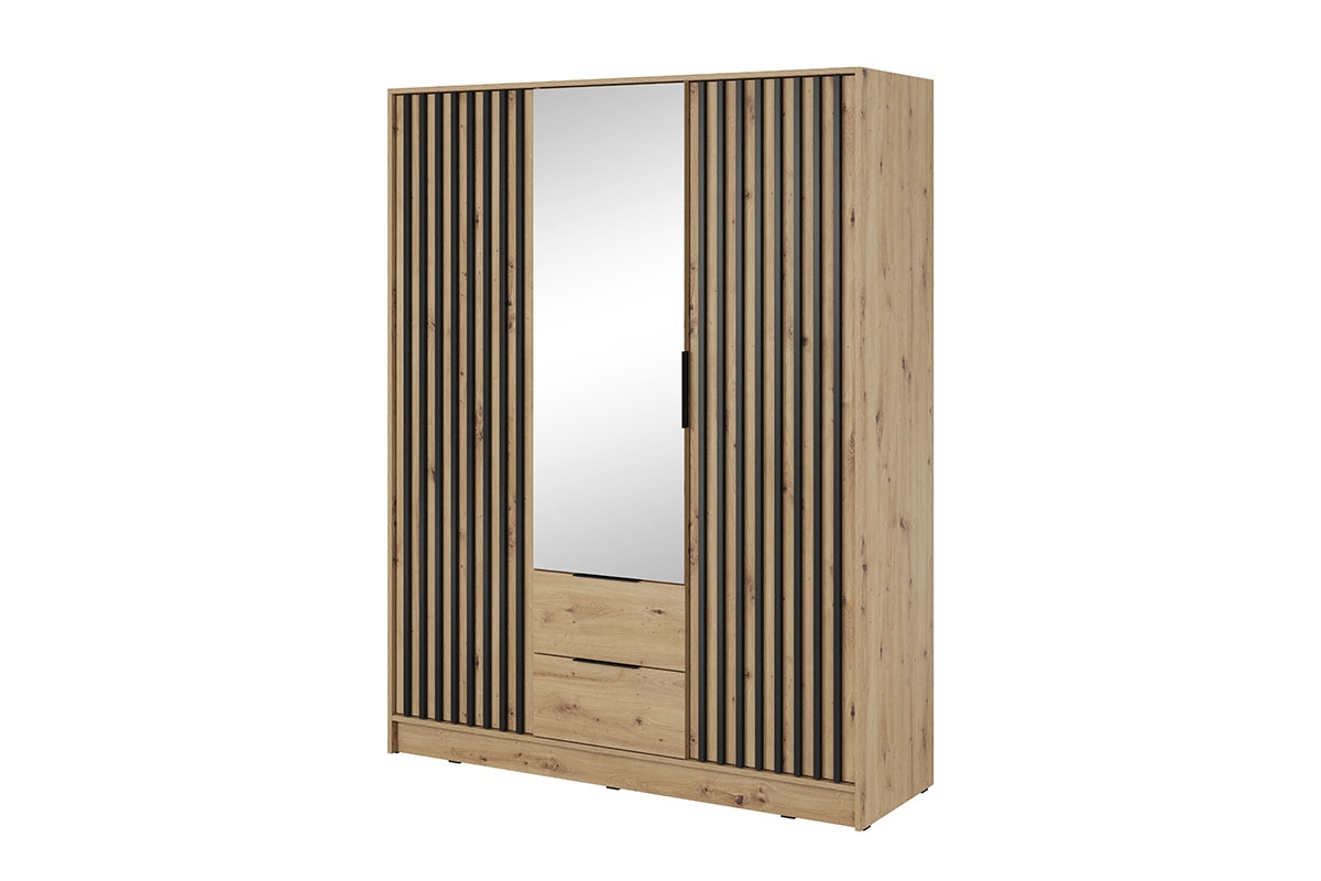 Skříň třídveřová s lamelami a zrcadlem Neria - Dub artisan / Černý prostorná Skříň z zrcadly