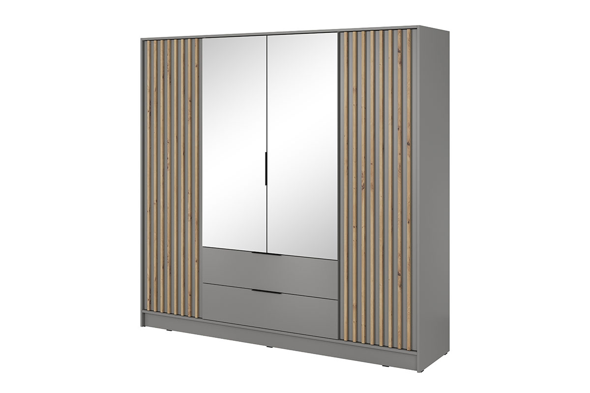Skříň čtyřdveřová s lamelami a zrcadlem Neria - šedý / dub artisan šedá prostorná Skříň