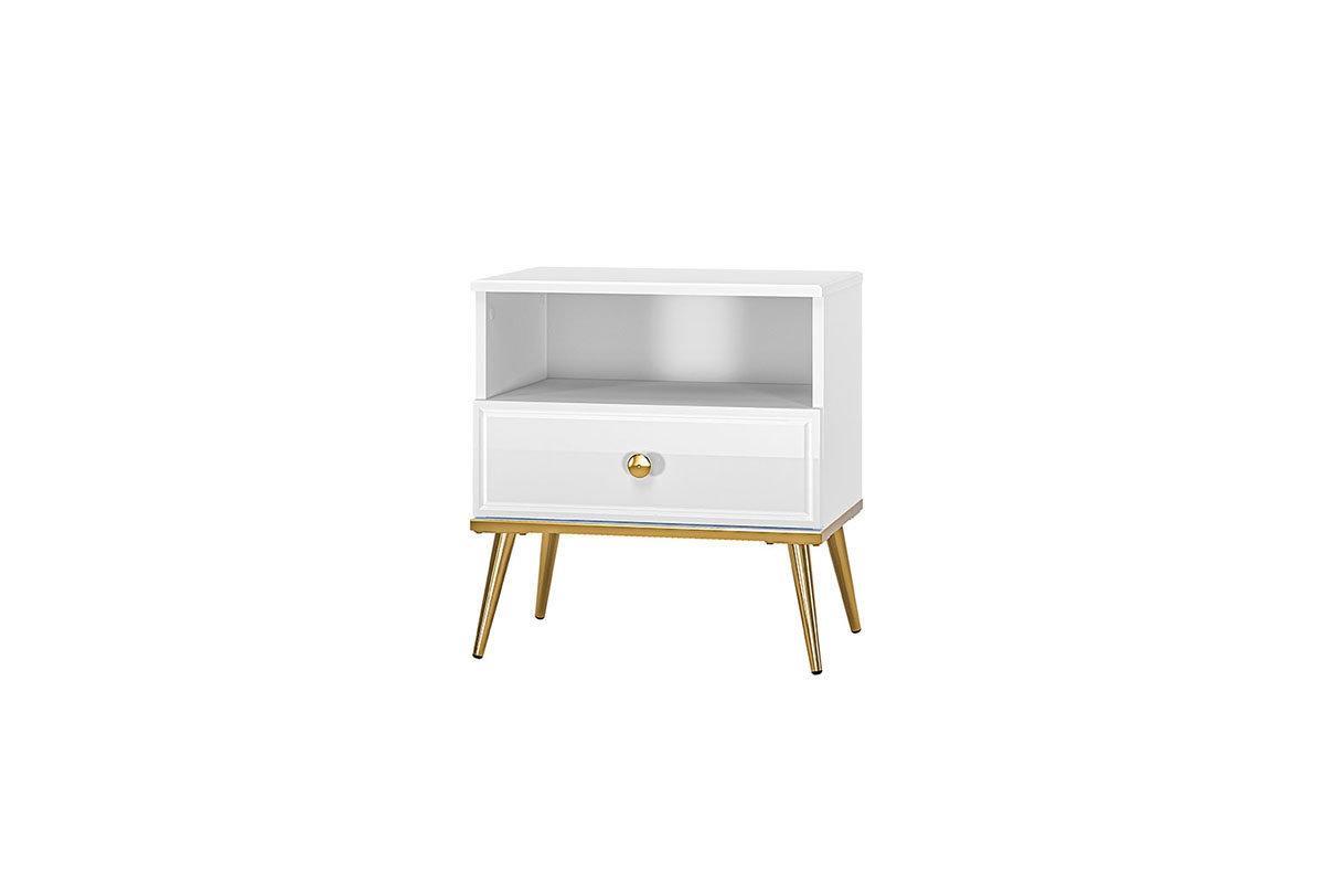 Noční stolek Goldin 07 - 50 cm - bílý lesk / zlaté nožky Noční stolek