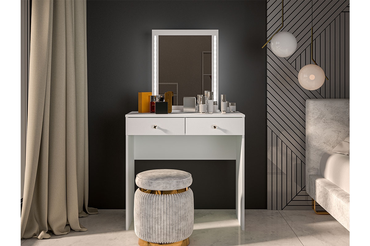 moderní Toaletní stolek z podswietlanym zrcadlem i zásuvkami Bijou 01 - Bílý Toaletní stolek do garderoby