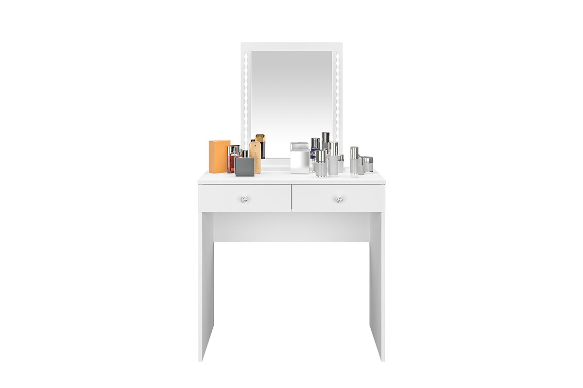 moderná Toaletný Stolík z podswietlanym zrkadlom i zásuvkami Bijou 01 - Biely Toaletný Stolík so zásuvkami