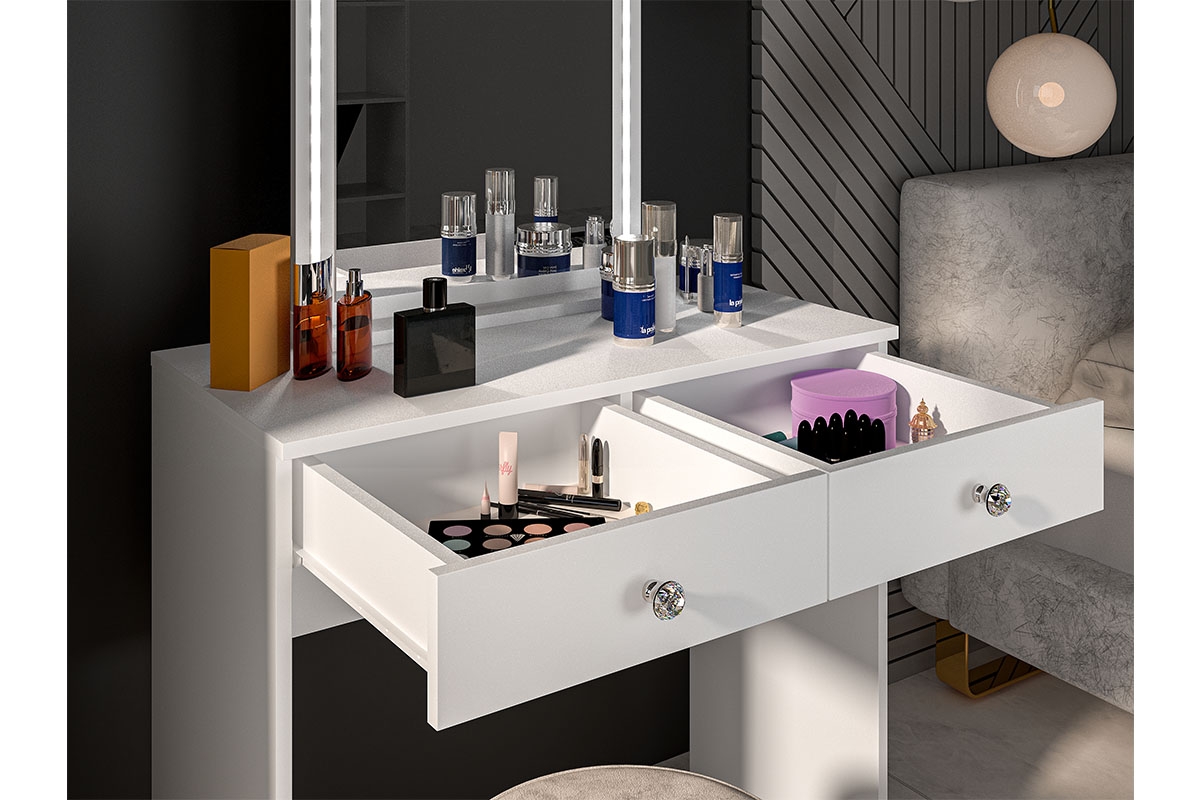 moderní Toaletní stolek z podswietlanym zrcadlem i zásuvkami Bijou 01 - Bílý Toaletní stolek Bílá s zásuvkami