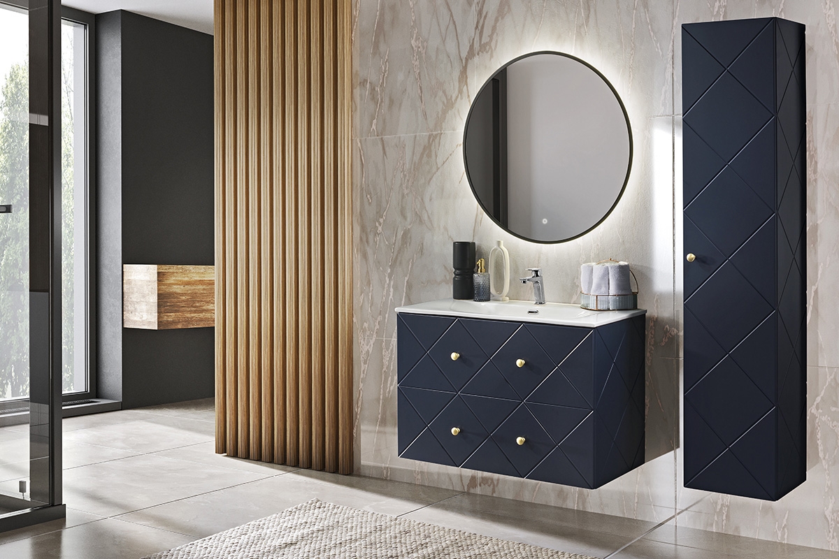 Koupelnová nástěnná skříňka Elegance Blue - Wave Blue    Nábytek lazienkowe w ciemnym barevným odstínu 