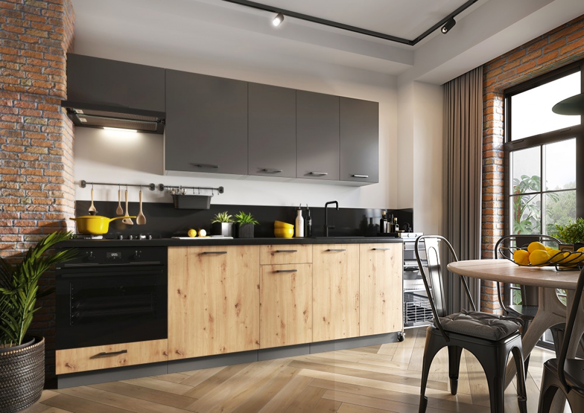 Komplet nábytku kuchynského Clara 240cm z szafka pod piekarnik - šedý grafit / Dub artisan Komplet moderného nábytku do kuchni Clara 